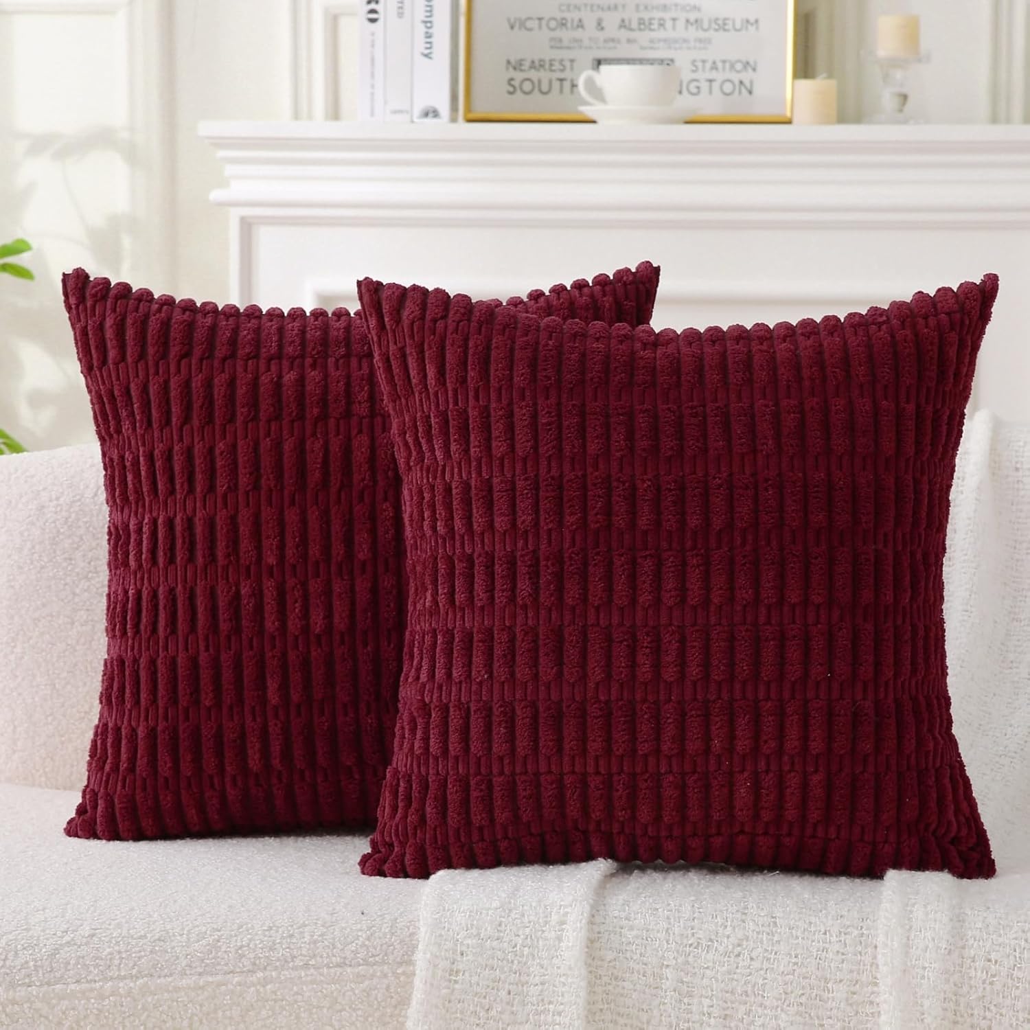 2 Pack Corduroy Decorative Throw Pillow with Inserts, 18x18 Inch Soft Boho Throw Pillow, Square Striped Throw Pillows for Couch, Bed, Sofa Decor Burgundy