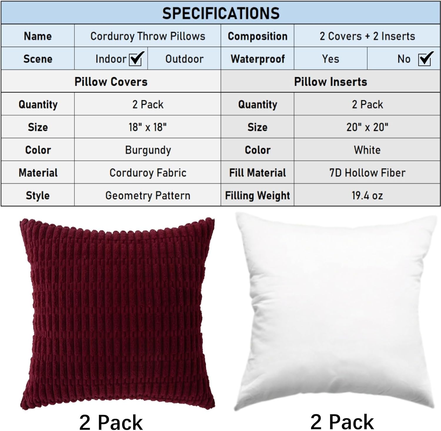2 Pack Corduroy Decorative Throw Pillow with Inserts, 18x18 Inch Soft Boho Throw Pillow, Square Striped Throw Pillows for Couch, Bed, Sofa Decor Burgundy
