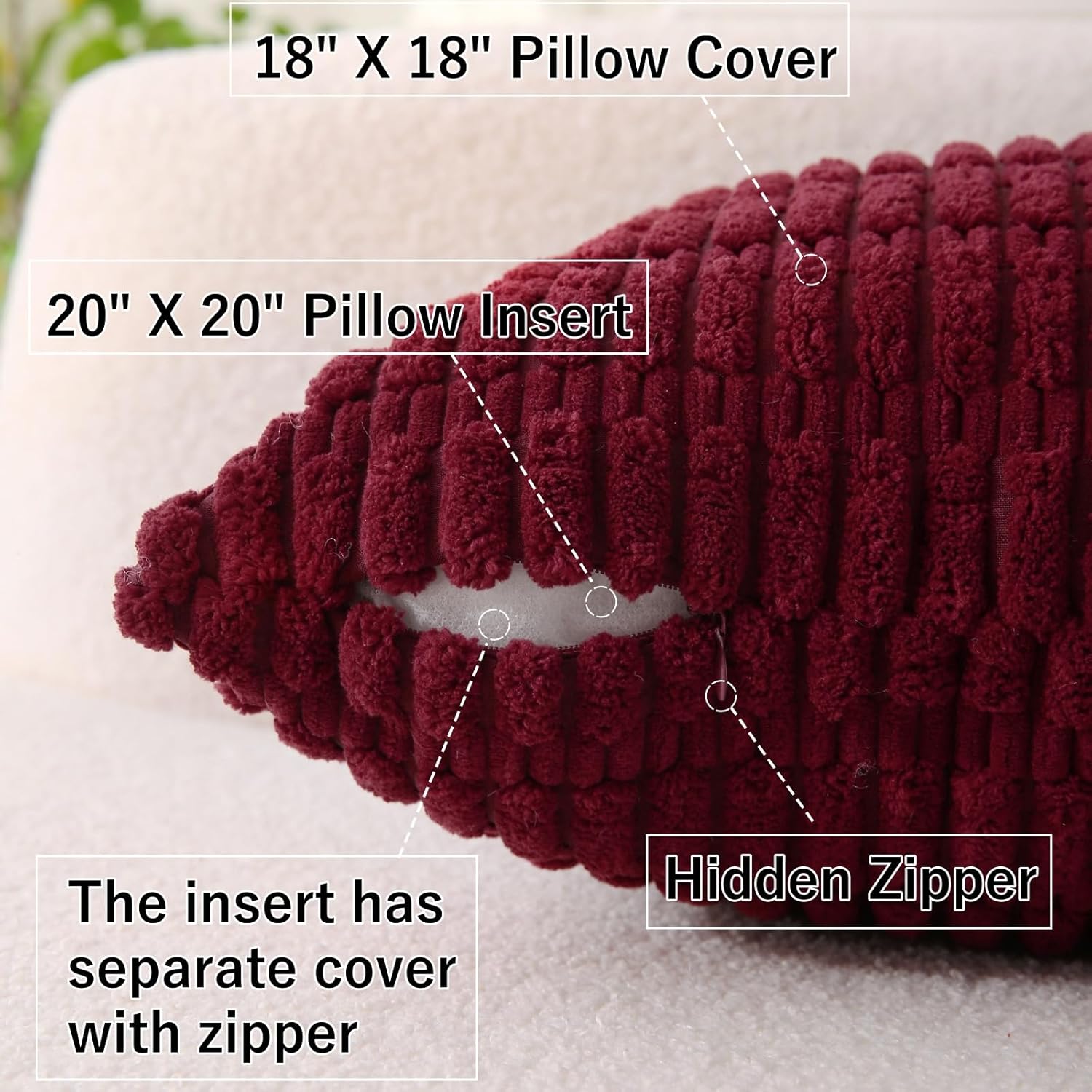 2 Pack Corduroy Decorative Throw Pillow with Inserts, 18x18 Inch Soft Boho Throw Pillow, Square Striped Throw Pillows for Couch, Bed, Sofa Decor Burgundy