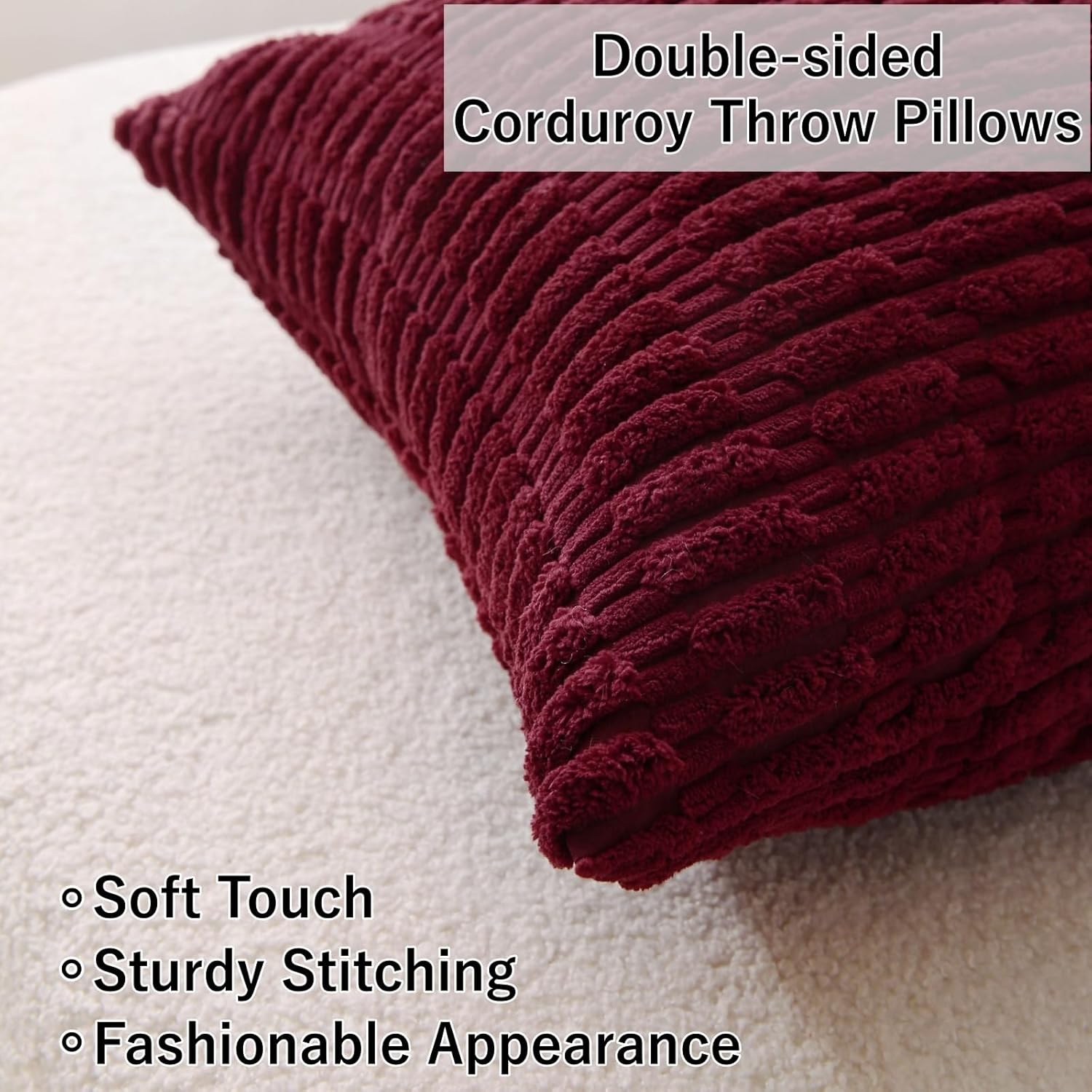 2 Pack Corduroy Decorative Throw Pillow with Inserts, 18x18 Inch Soft Boho Throw Pillow, Square Striped Throw Pillows for Couch, Bed, Sofa Decor Burgundy