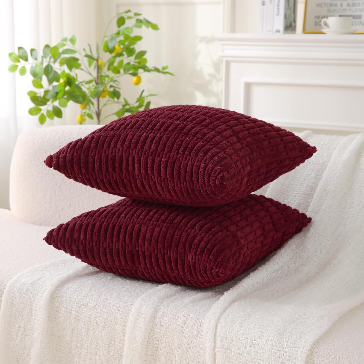 2 Pack Corduroy Decorative Throw Pillow with Inserts, 18x18 Inch Soft Boho Throw Pillow, Square Striped Throw Pillows for Couch, Bed, Sofa Decor Burgundy