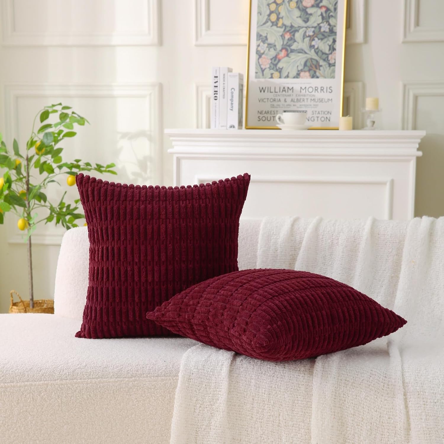 2 Pack Corduroy Decorative Throw Pillow with Inserts, 18x18 Inch Soft Boho Throw Pillow, Square Striped Throw Pillows for Couch, Bed, Sofa Decor Burgundy