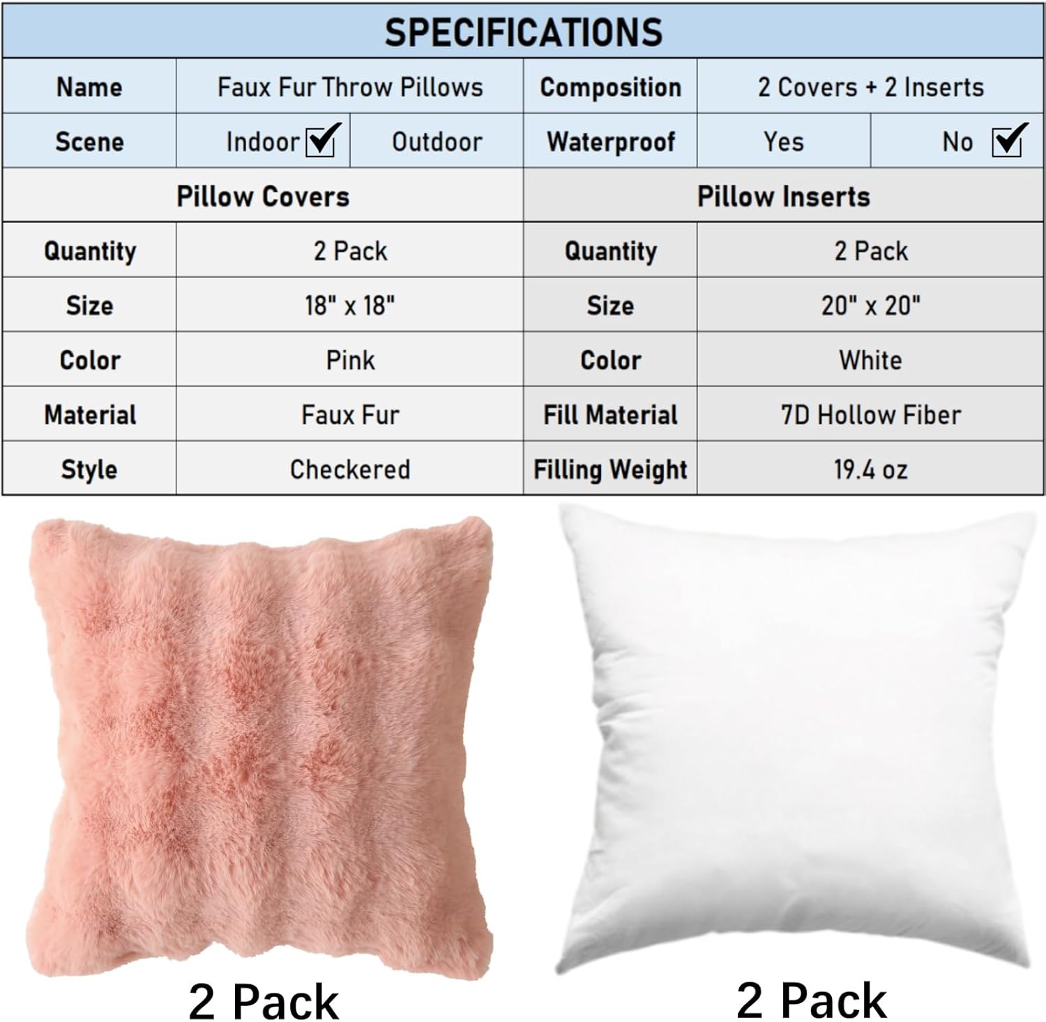 Faux Fur Plush Pillow with Inserts Set of 2, Soft 18" x 18" Decorative Throw Pillows, Square Boho Medium Plaid Pillow for Couch, Bed, Sofa Bedroom Decor Pink