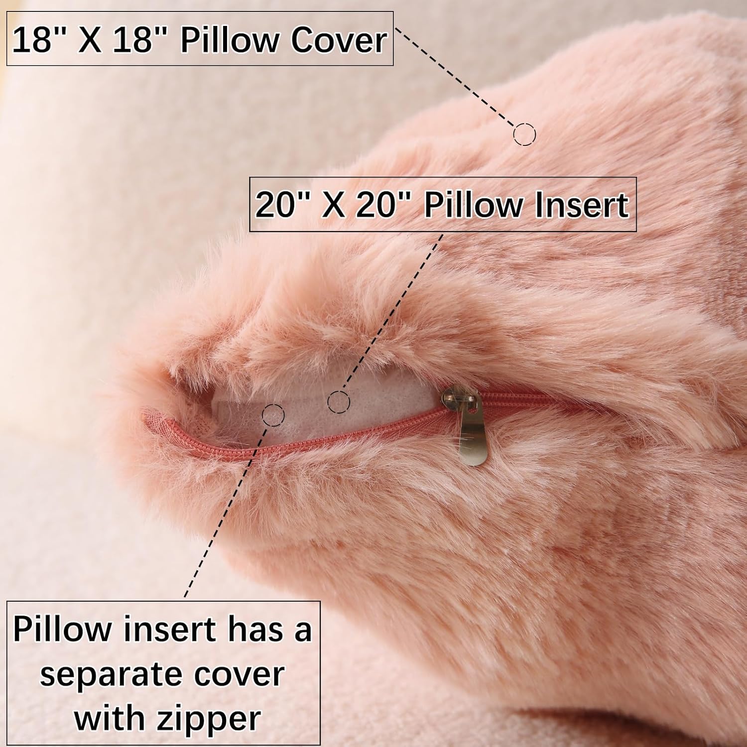 Faux Fur Plush Pillow with Inserts Set of 2, Soft 18" x 18" Decorative Throw Pillows, Square Boho Medium Plaid Pillow for Couch, Bed, Sofa Bedroom Decor Pink