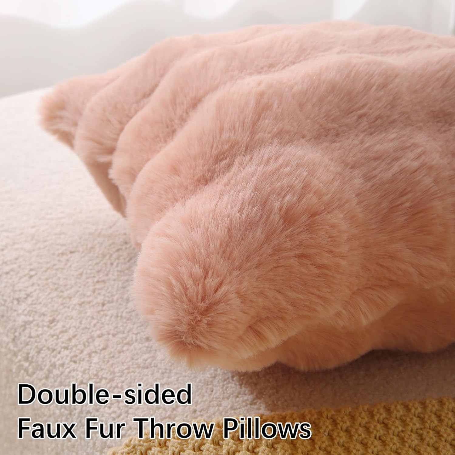 Faux Fur Plush Pillow with Inserts Set of 2, Soft 18" x 18" Decorative Throw Pillows, Square Boho Medium Plaid Pillow for Couch, Bed, Sofa Bedroom Decor Pink
