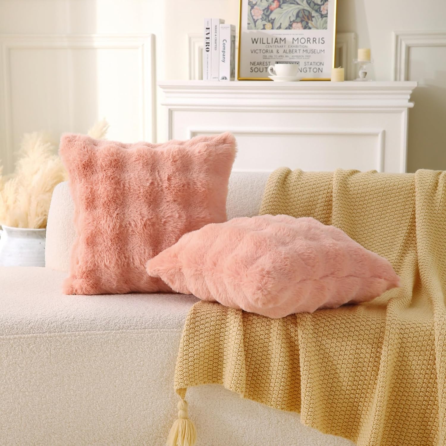 Faux Fur Plush Pillow with Inserts Set of 2, Soft 18" x 18" Decorative Throw Pillows, Square Boho Medium Plaid Pillow for Couch, Bed, Sofa Bedroom Decor Pink