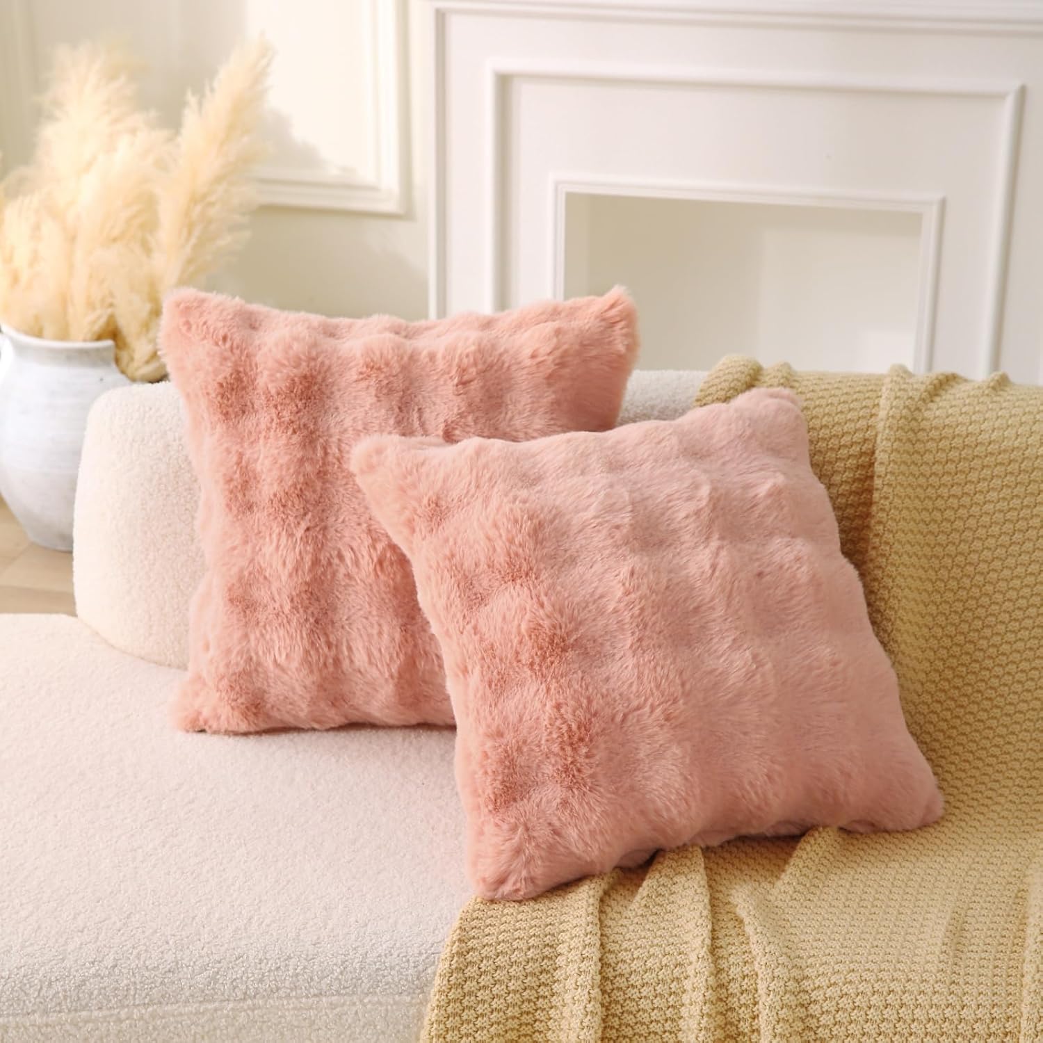 Faux Fur Plush Pillow with Inserts Set of 2, Soft 18" x 18" Decorative Throw Pillows, Square Boho Medium Plaid Pillow for Couch, Bed, Sofa Bedroom Decor Pink