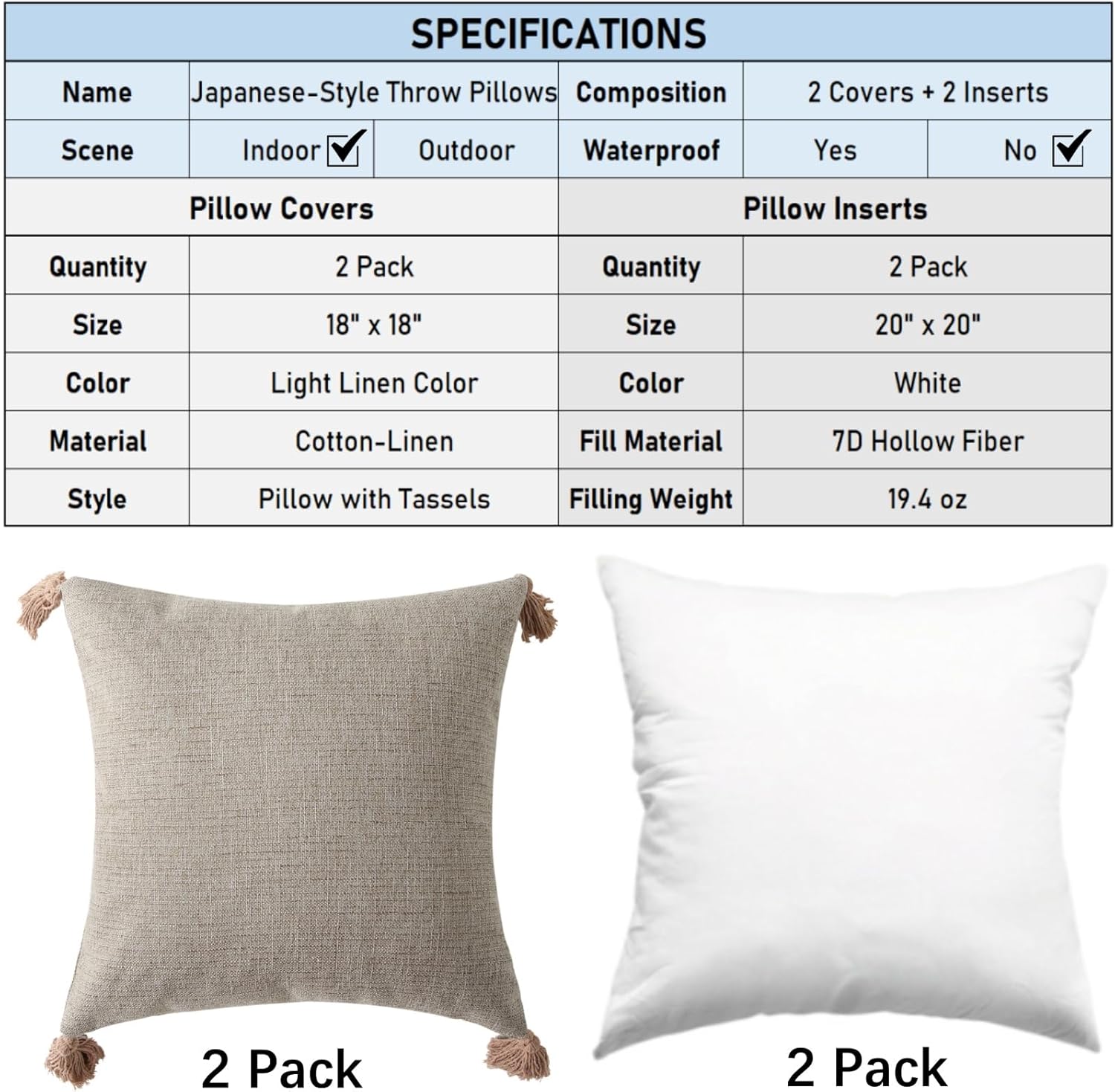 18" x 18" Decorative Throw Pillow with Inserts, Set of 2 Farmhouse Neutral Couch Throw Pillows with Tassels, Square Boho Pillow for Couch, Bed, Sofa Decor Khaki, 18" x 18" Pack of 2
