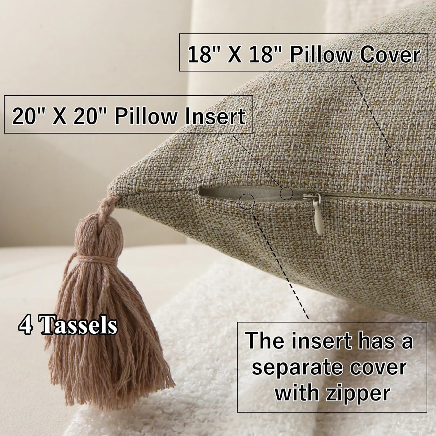 18" x 18" Decorative Throw Pillow with Inserts, Set of 2 Farmhouse Neutral Couch Throw Pillows with Tassels, Square Boho Pillow for Couch, Bed, Sofa Decor Khaki, 18" x 18" Pack of 2
