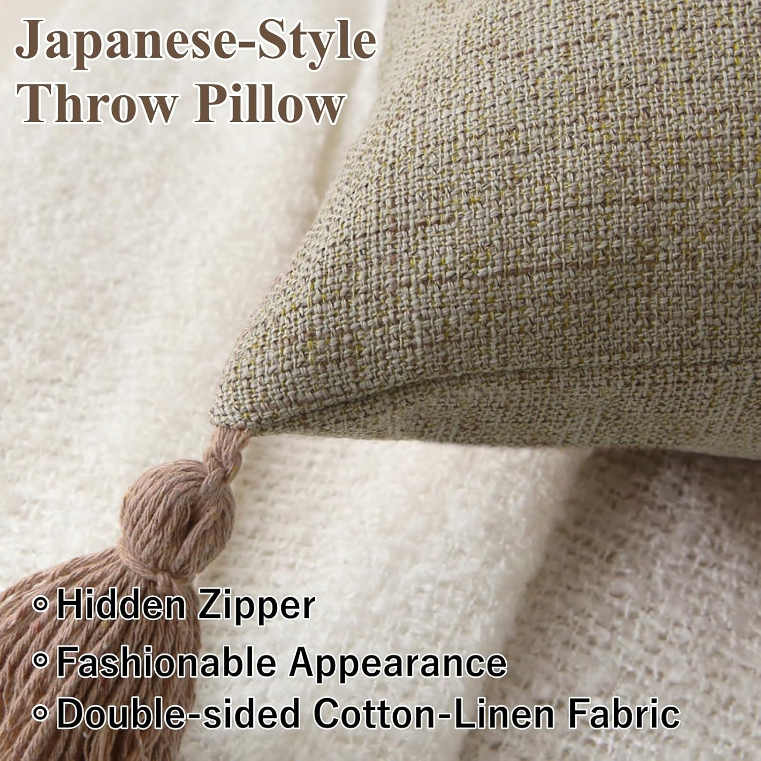 18" x 18" Decorative Throw Pillow with Inserts, Set of 2 Farmhouse Neutral Couch Throw Pillows with Tassels, Square Boho Pillow for Couch, Bed, Sofa Decor Khaki, 18" x 18" Pack of 2