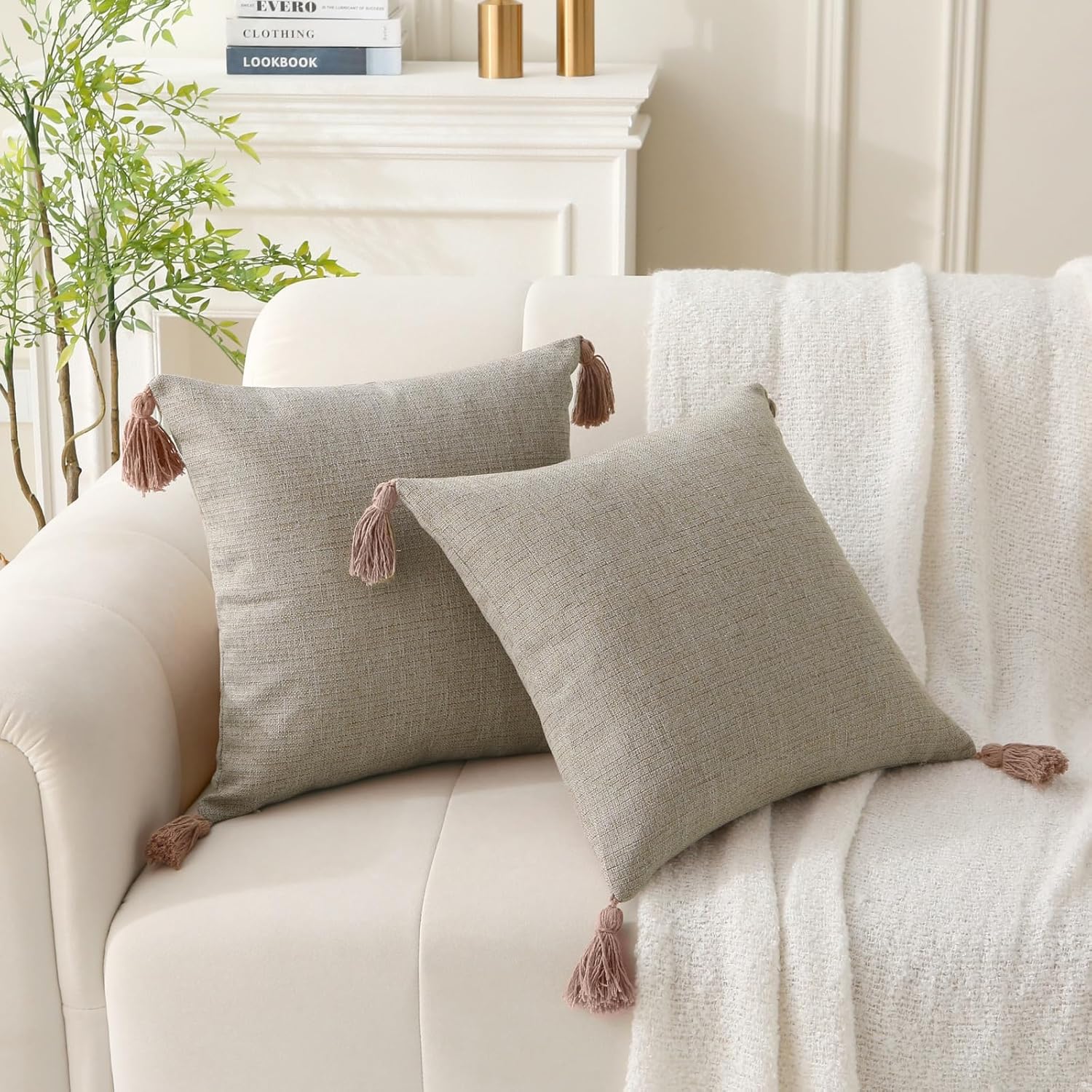 18" x 18" Decorative Throw Pillow with Inserts, Set of 2 Farmhouse Neutral Couch Throw Pillows with Tassels, Square Boho Pillow for Couch, Bed, Sofa Decor Khaki, 18" x 18" Pack of 2