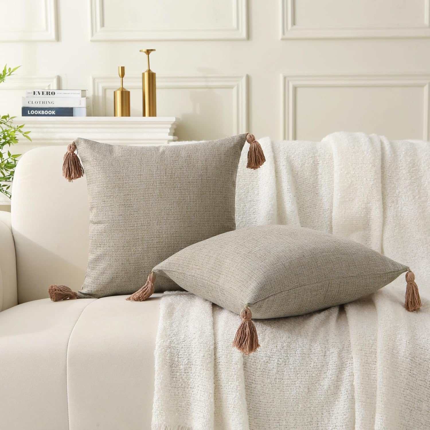 18" x 18" Decorative Throw Pillow with Inserts, Set of 2 Farmhouse Neutral Couch Throw Pillows with Tassels, Square Boho Pillow for Couch, Bed, Sofa Decor Khaki, 18" x 18" Pack of 2