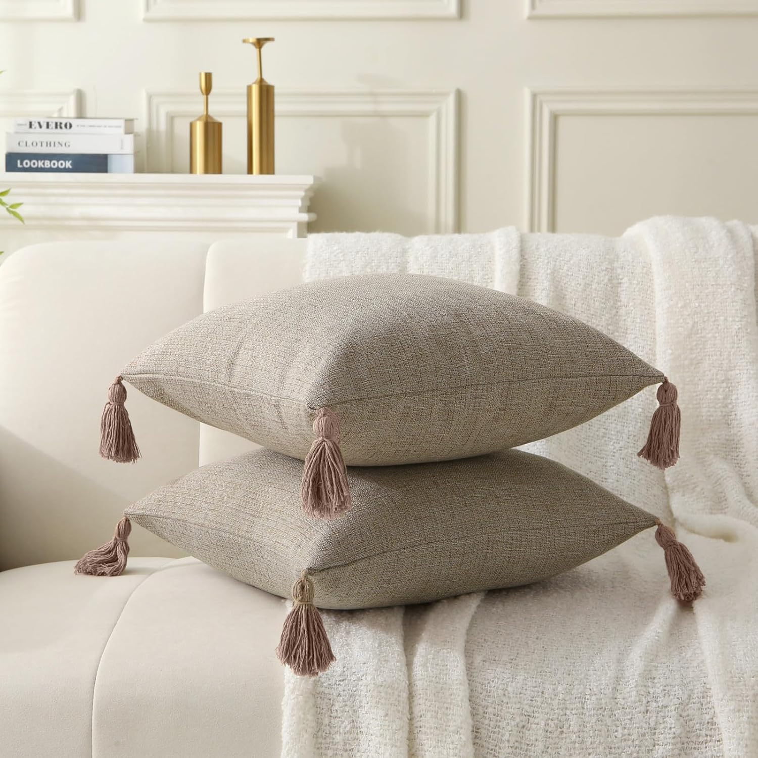 18" x 18" Decorative Throw Pillow with Inserts, Set of 2 Farmhouse Neutral Couch Throw Pillows with Tassels, Square Boho Pillow for Couch, Bed, Sofa Decor Khaki, 18" x 18" Pack of 2
