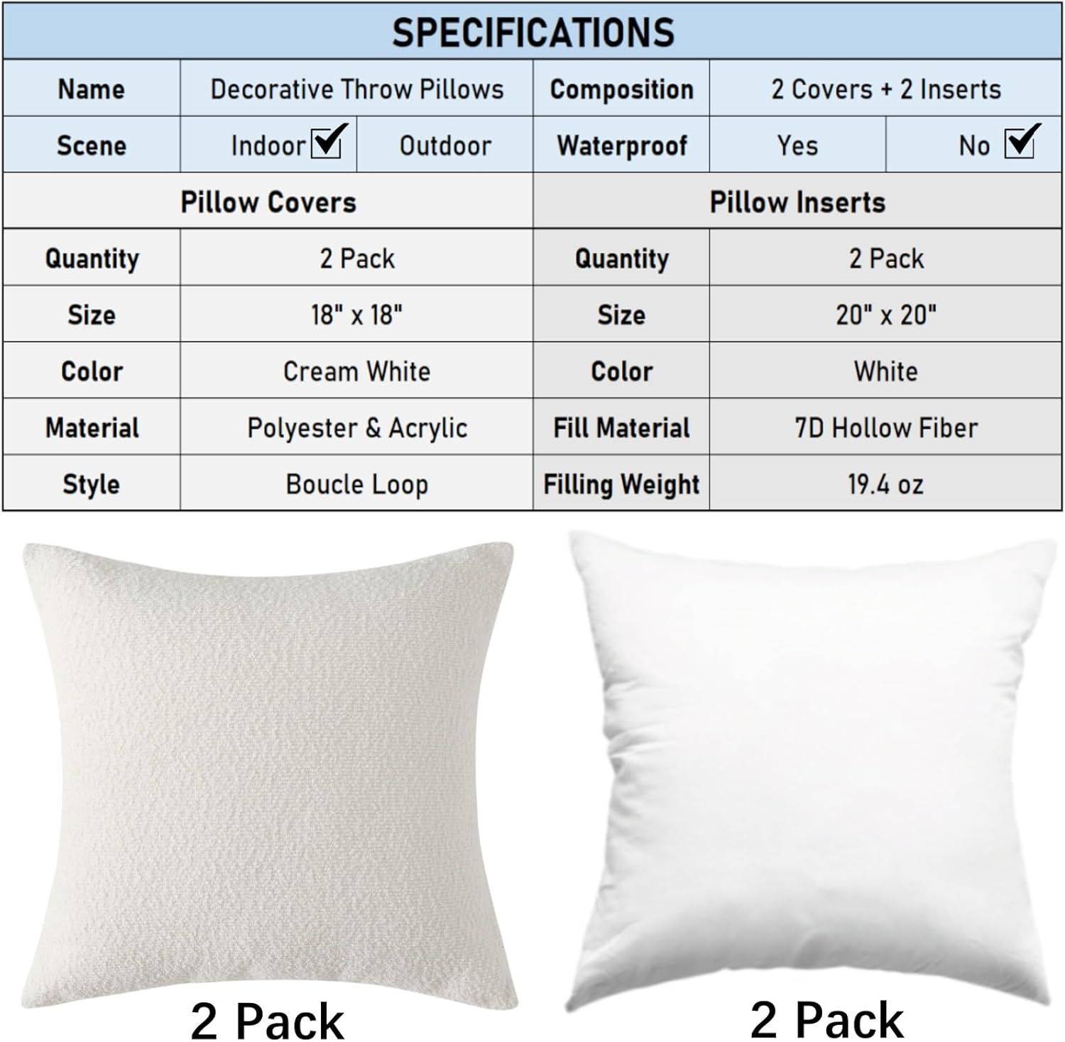 18" x 18" Decorative Throw Pillow with Inserts, Set of 2 Soft Textured Boucle Throw Pillows, Square Boho Pillow for Couch, Bed, Sofa Decor White, 18" x 18" Pack of 2
