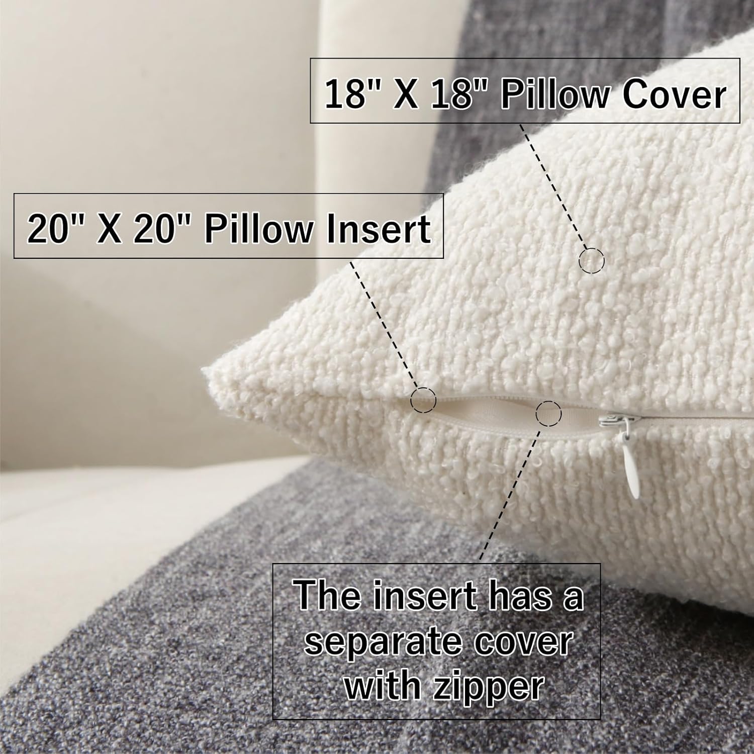18" x 18" Decorative Throw Pillow with Inserts, Set of 2 Soft Textured Boucle Throw Pillows, Square Boho Pillow for Couch, Bed, Sofa Decor White, 18" x 18" Pack of 2