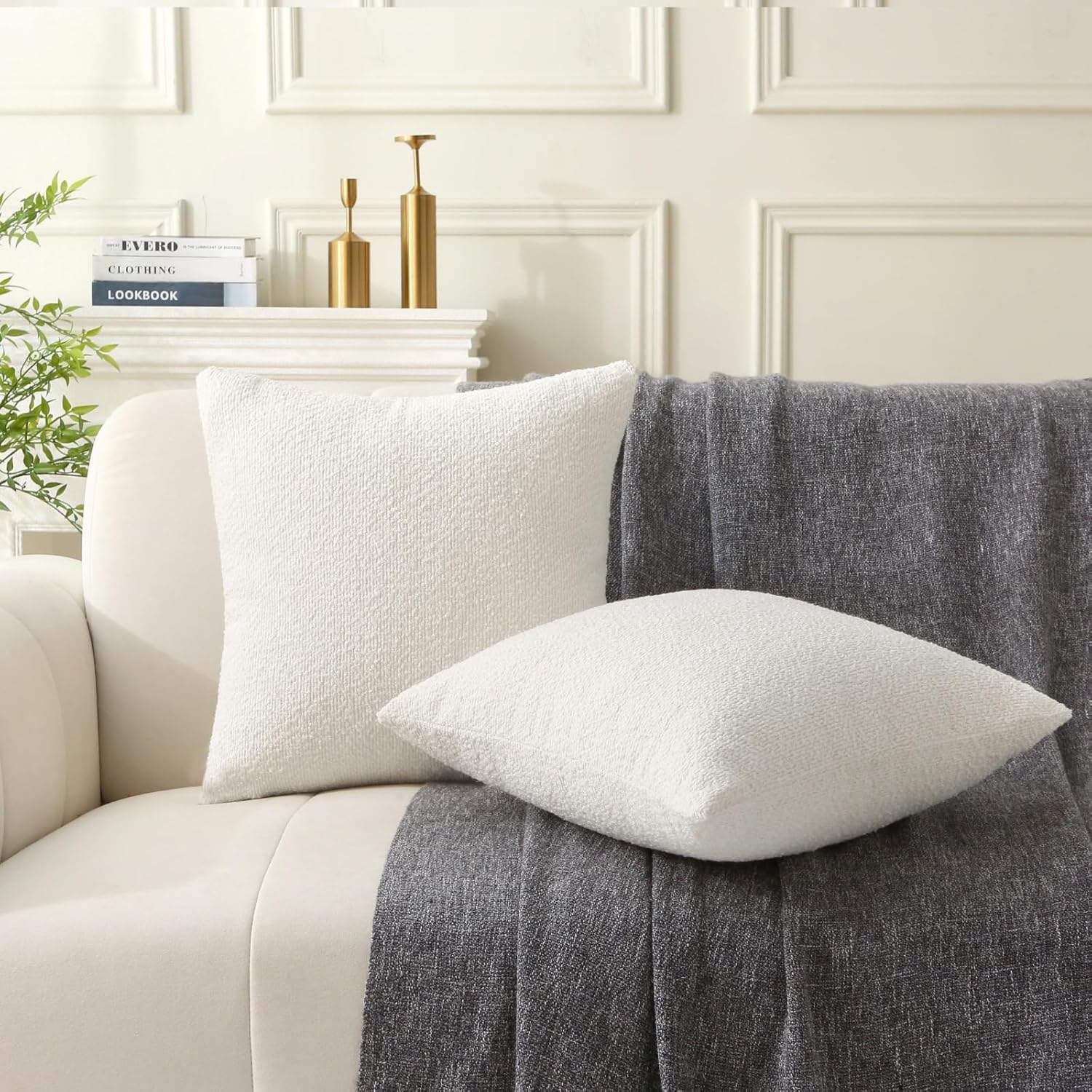 18" x 18" Decorative Throw Pillow with Inserts, Set of 2 Soft Textured Boucle Throw Pillows, Square Boho Pillow for Couch, Bed, Sofa Decor White, 18" x 18" Pack of 2