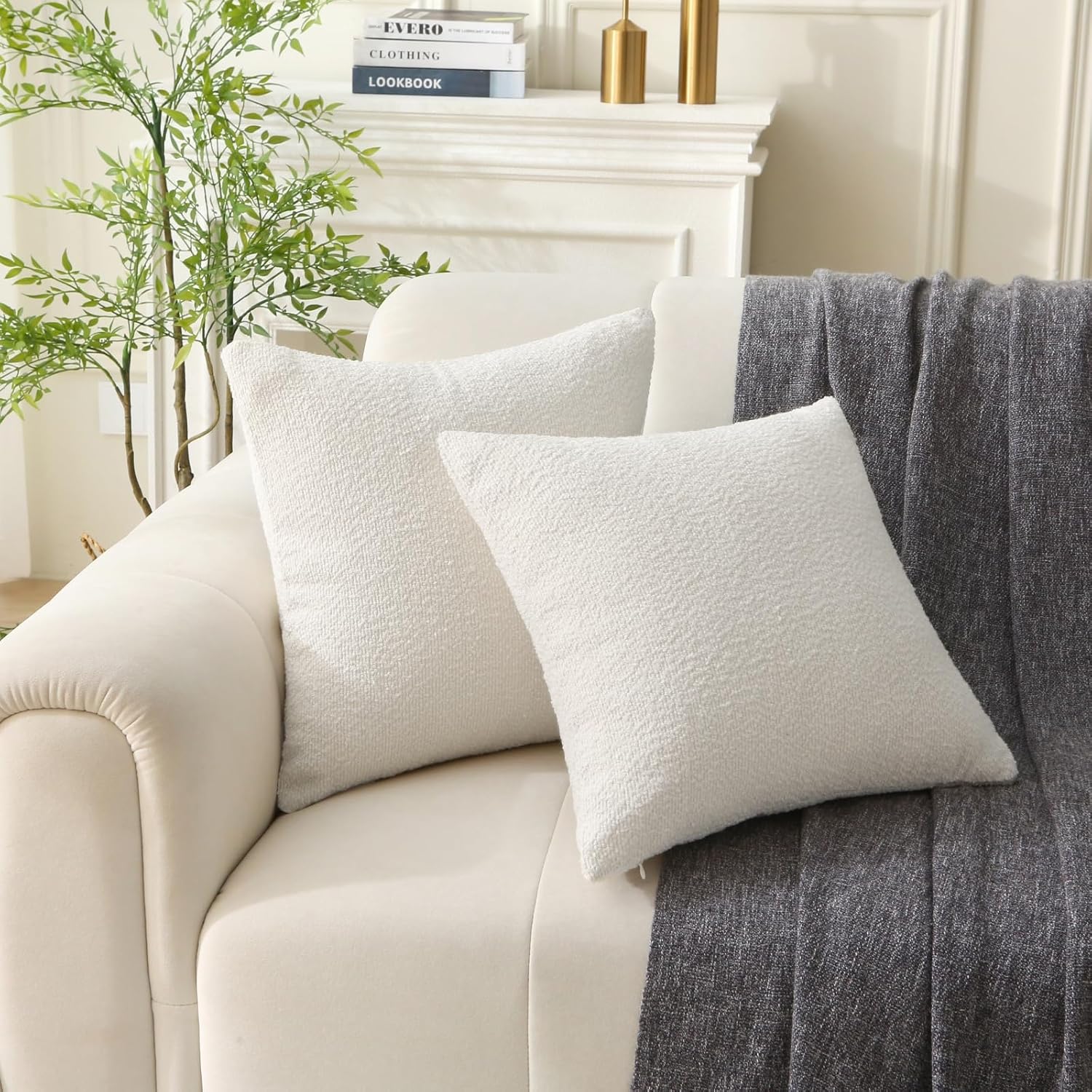 18" x 18" Decorative Throw Pillow with Inserts, Set of 2 Soft Textured Boucle Throw Pillows, Square Boho Pillow for Couch, Bed, Sofa Decor White, 18" x 18" Pack of 2