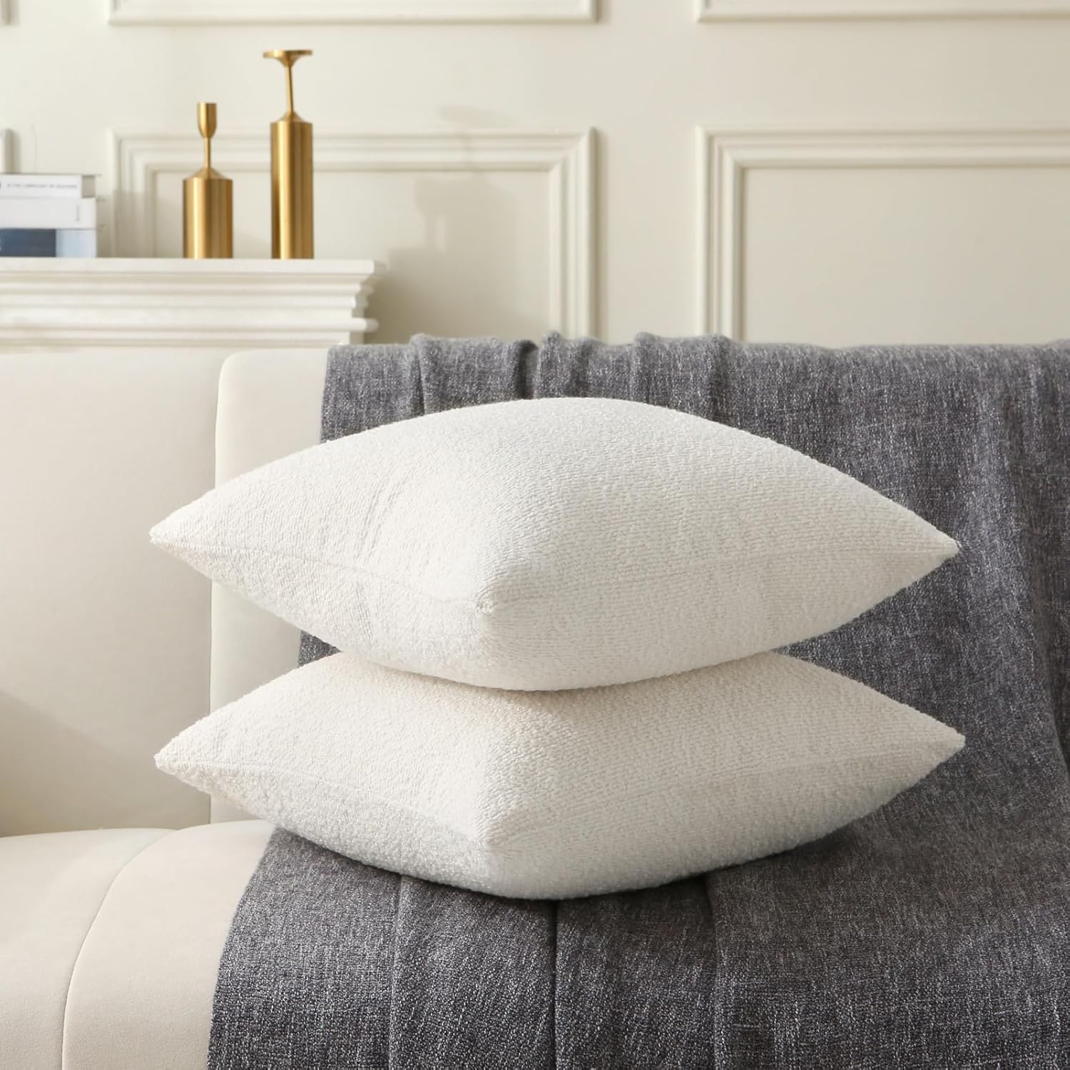 18" x 18" Decorative Throw Pillow with Inserts, Set of 2 Soft Textured Boucle Throw Pillows, Square Boho Pillow for Couch, Bed, Sofa Decor White, 18" x 18" Pack of 2
