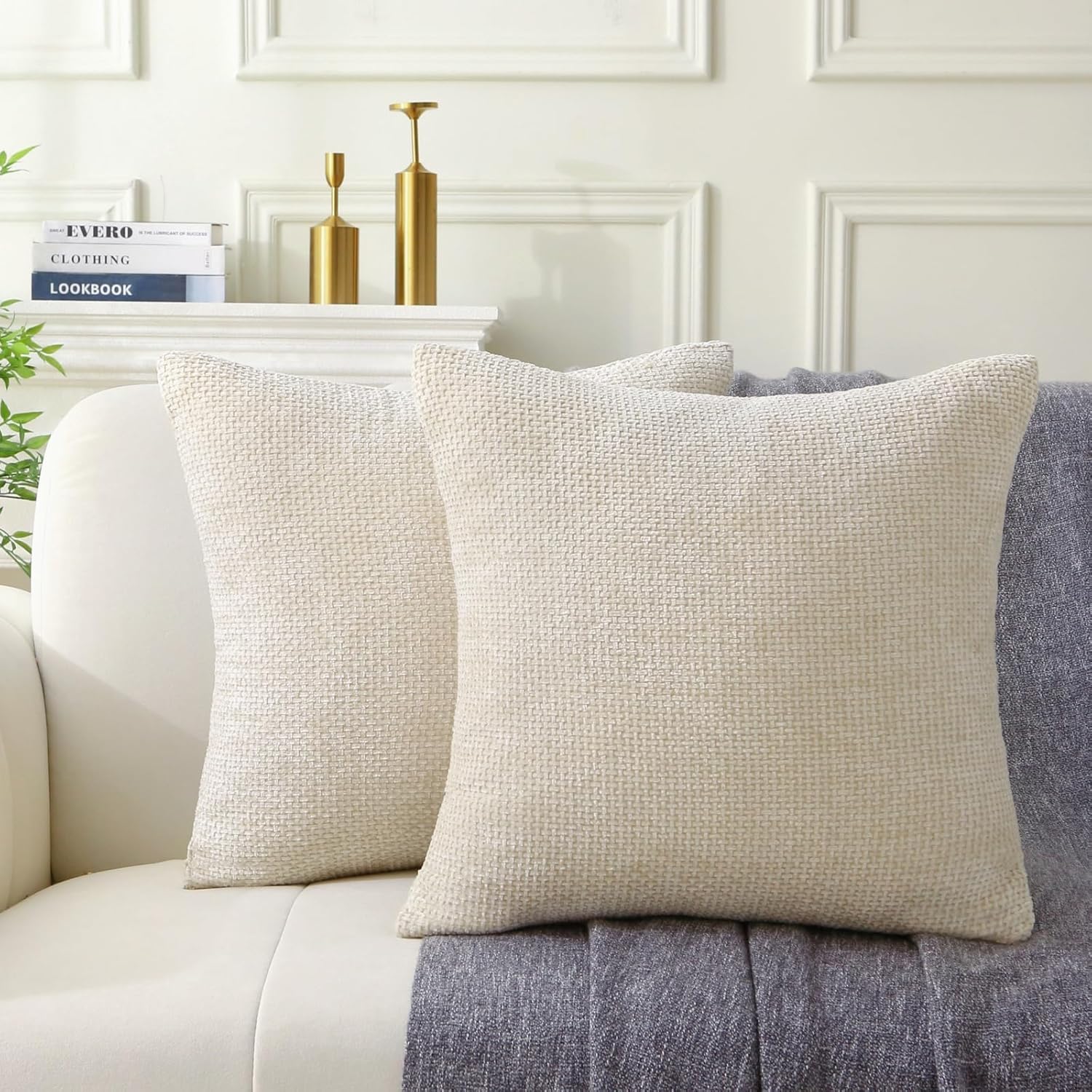 18" x 18" Decorative Throw Pillow with Inserts, Set of 2 Soft Modern Farmhouse Weave Pattern Throw Pillows, Square Boho Pillow for Couch, Bed, Sofa Decor Beige, 18" x 18" Pack of 2