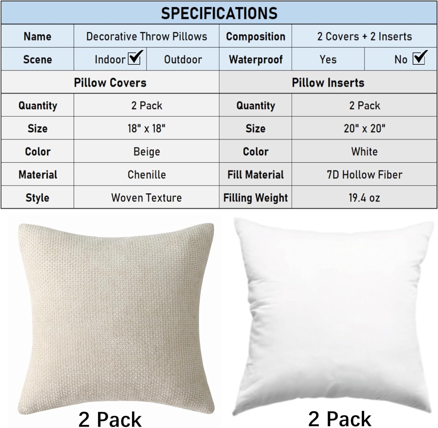 18" x 18" Decorative Throw Pillow with Inserts, Set of 2 Soft Modern Farmhouse Weave Pattern Throw Pillows, Square Boho Pillow for Couch, Bed, Sofa Decor Beige, 18" x 18" Pack of 2
