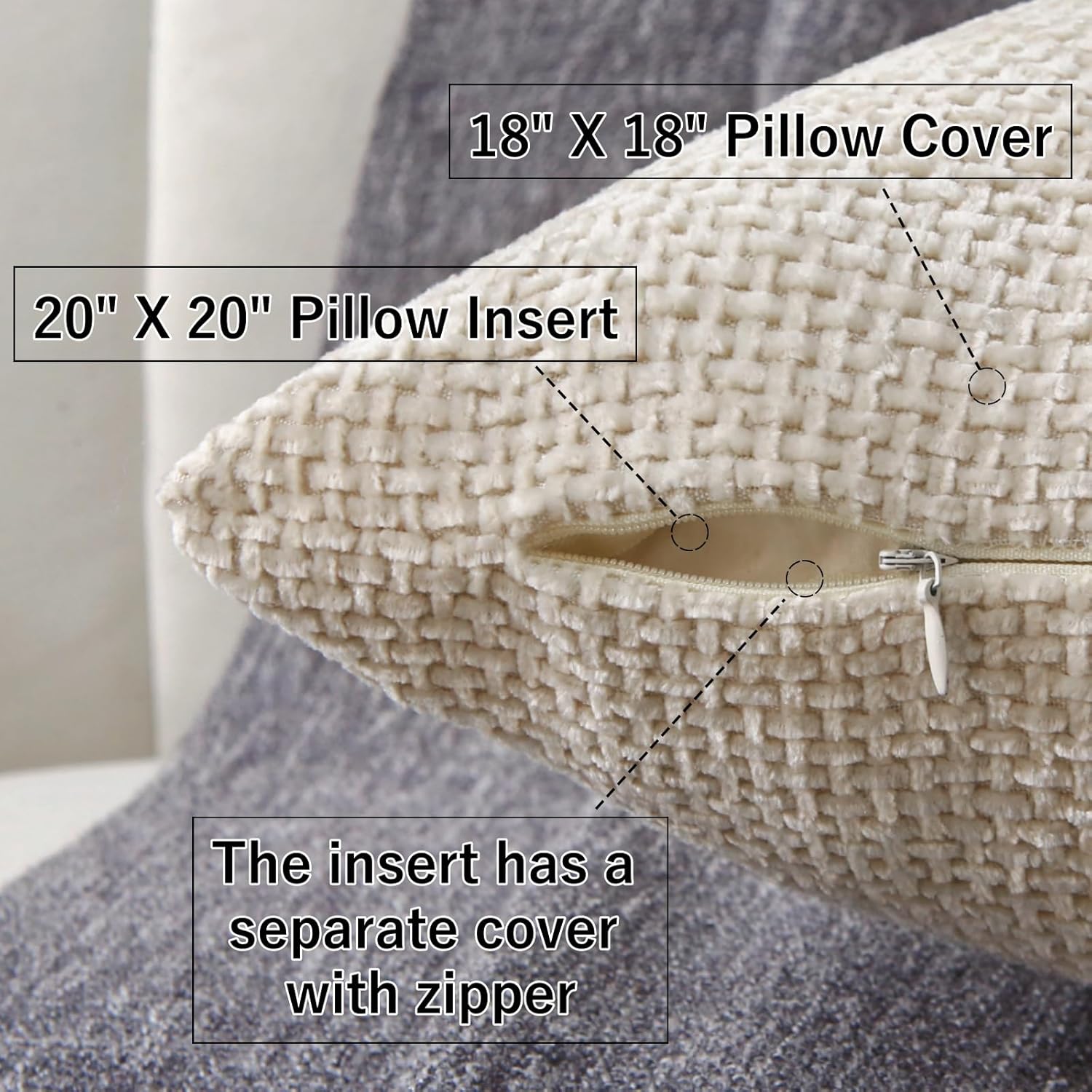 18" x 18" Decorative Throw Pillow with Inserts, Set of 2 Soft Modern Farmhouse Weave Pattern Throw Pillows, Square Boho Pillow for Couch, Bed, Sofa Decor Beige, 18" x 18" Pack of 2