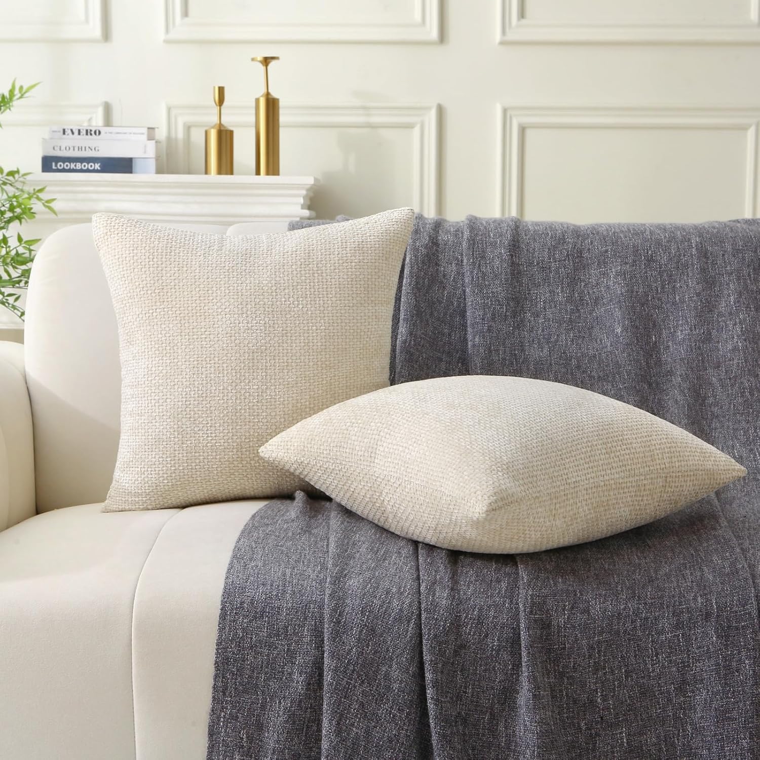 18" x 18" Decorative Throw Pillow with Inserts, Set of 2 Soft Modern Farmhouse Weave Pattern Throw Pillows, Square Boho Pillow for Couch, Bed, Sofa Decor Beige, 18" x 18" Pack of 2