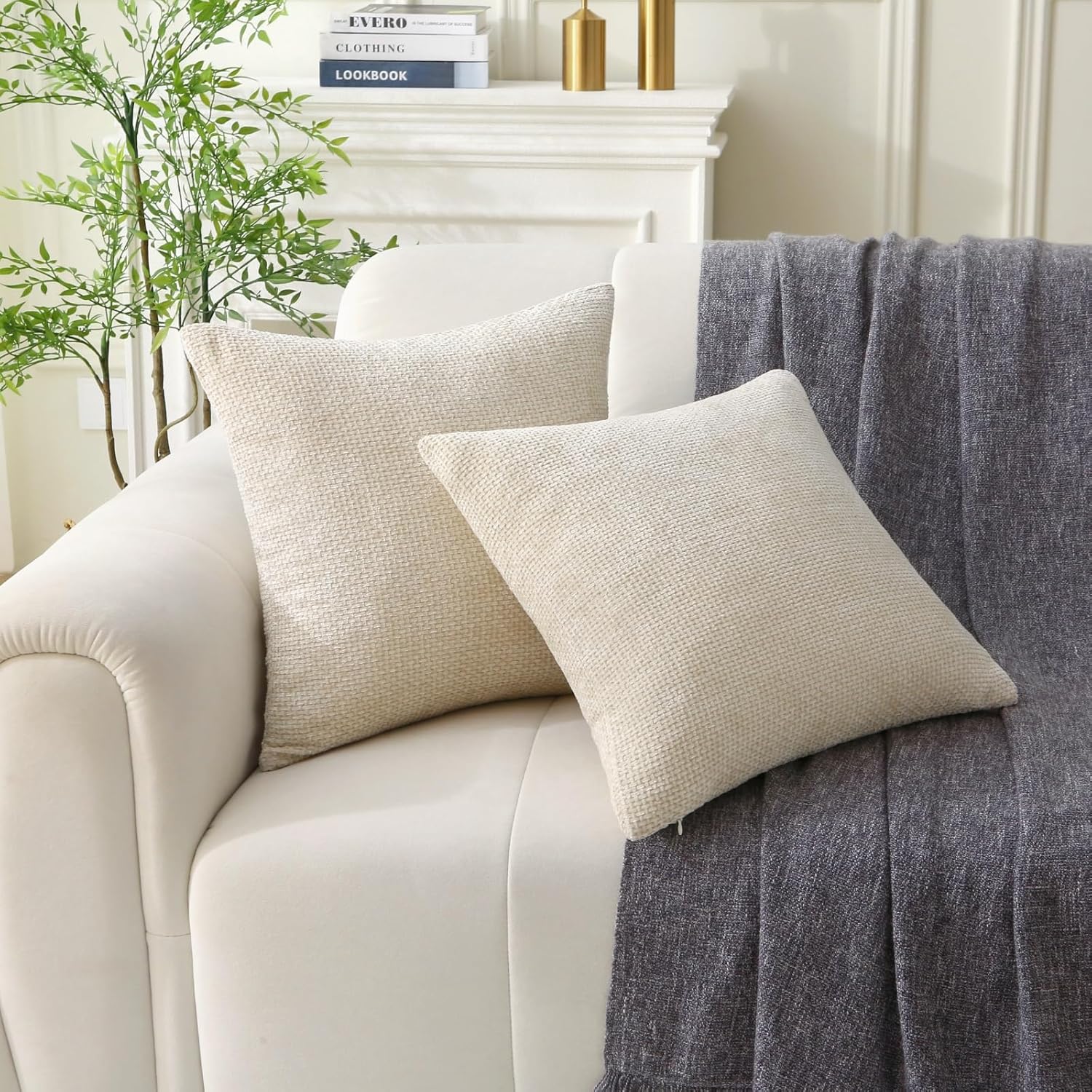 18" x 18" Decorative Throw Pillow with Inserts, Set of 2 Soft Modern Farmhouse Weave Pattern Throw Pillows, Square Boho Pillow for Couch, Bed, Sofa Decor Beige, 18" x 18" Pack of 2