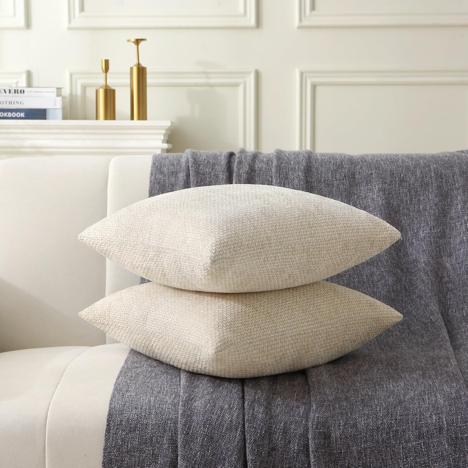18" x 18" Decorative Throw Pillow with Inserts, Set of 2 Soft Modern Farmhouse Weave Pattern Throw Pillows, Square Boho Pillow for Couch, Bed, Sofa Decor Beige, 18" x 18" Pack of 2