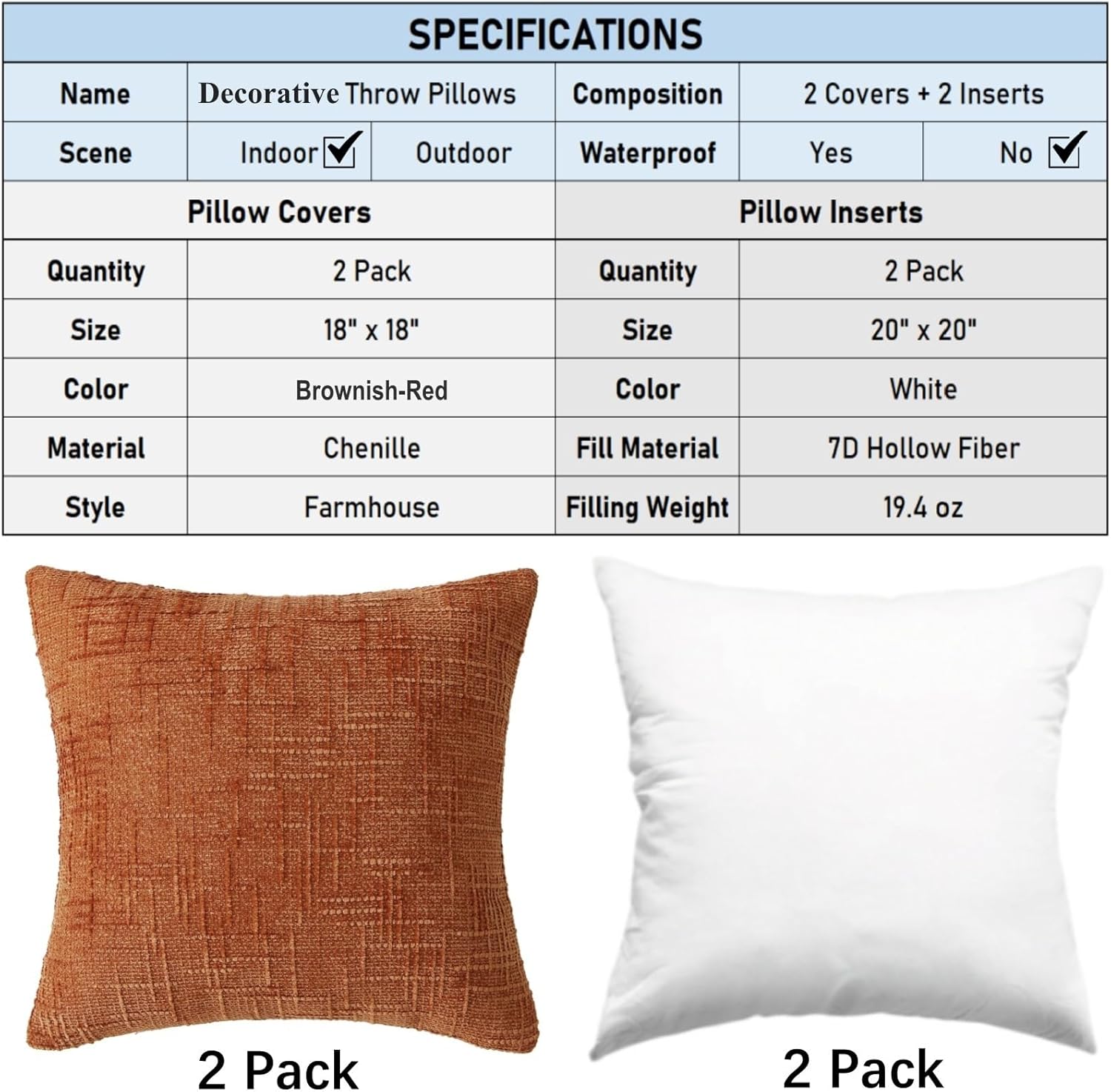 18" x 18" Decorative Throw Pillow with Inserts, Set of 2 Soft Modern Farmhouse Throw Pillows, Square Boho Pillow for Couch, Bed, Sofa Decor Brick-red, 18" x 18" Pack of 2