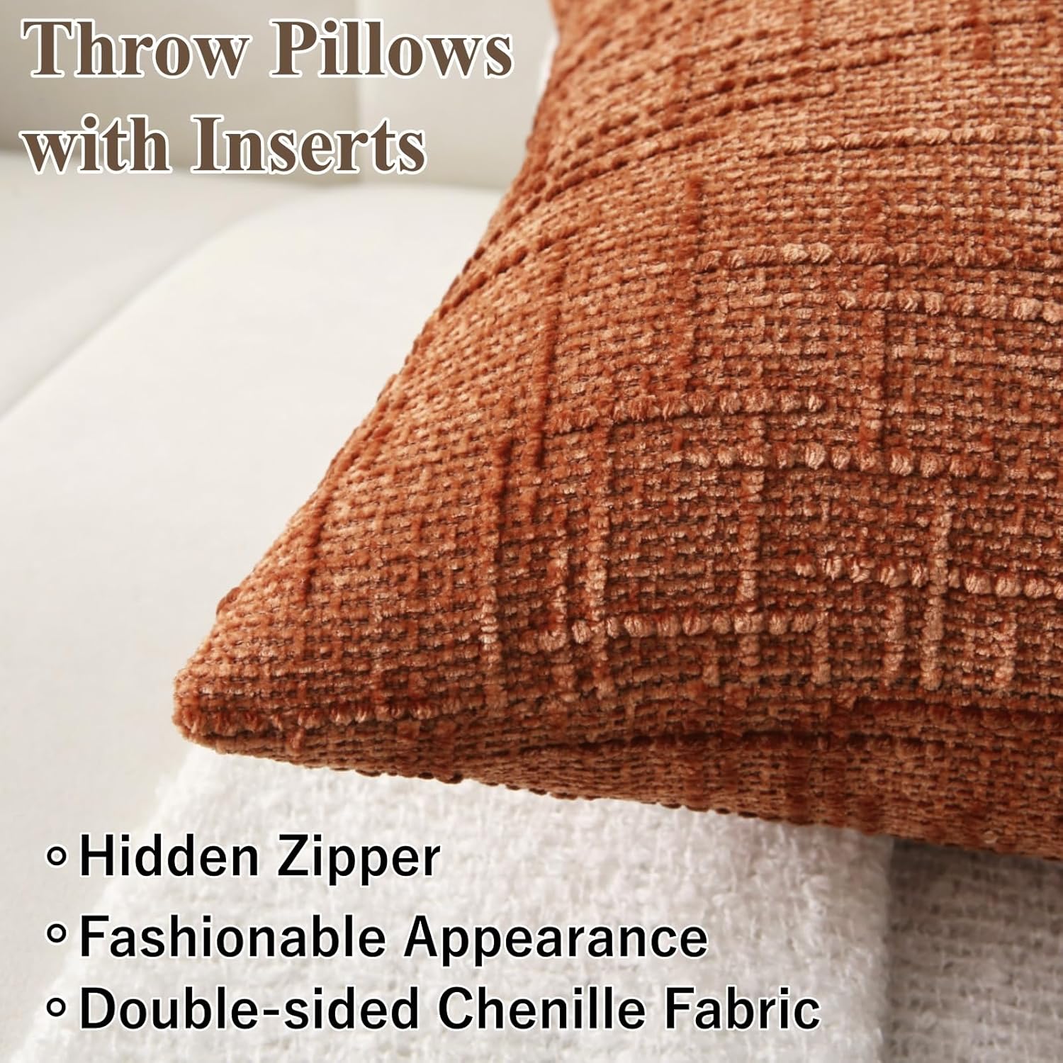 18" x 18" Decorative Throw Pillow with Inserts, Set of 2 Soft Modern Farmhouse Throw Pillows, Square Boho Pillow for Couch, Bed, Sofa Decor Brick-red, 18" x 18" Pack of 2