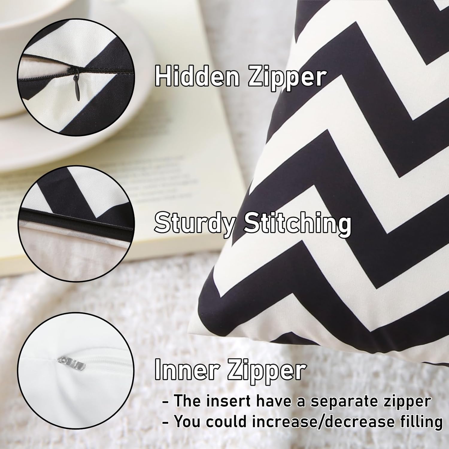 18" x 18" Throw Pillows with Inserts, Pack of 2 Outdoor Waterproof Striped Pillow, Square Decorative Pillows for Patio Furniture Garden Couch Sofa Home Black Wavy Stripes