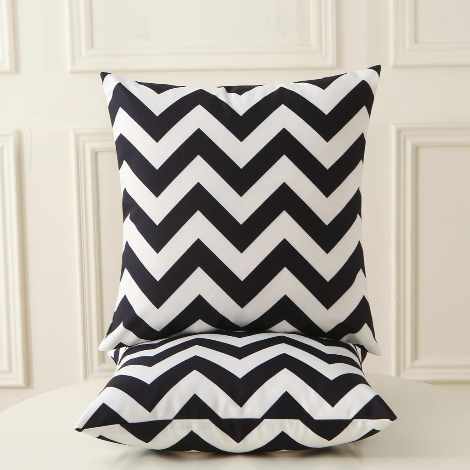 18" x 18" Throw Pillows with Inserts, Pack of 2 Outdoor Waterproof Striped Pillow, Square Decorative Pillows for Patio Furniture Garden Couch Sofa Home Black Wavy Stripes