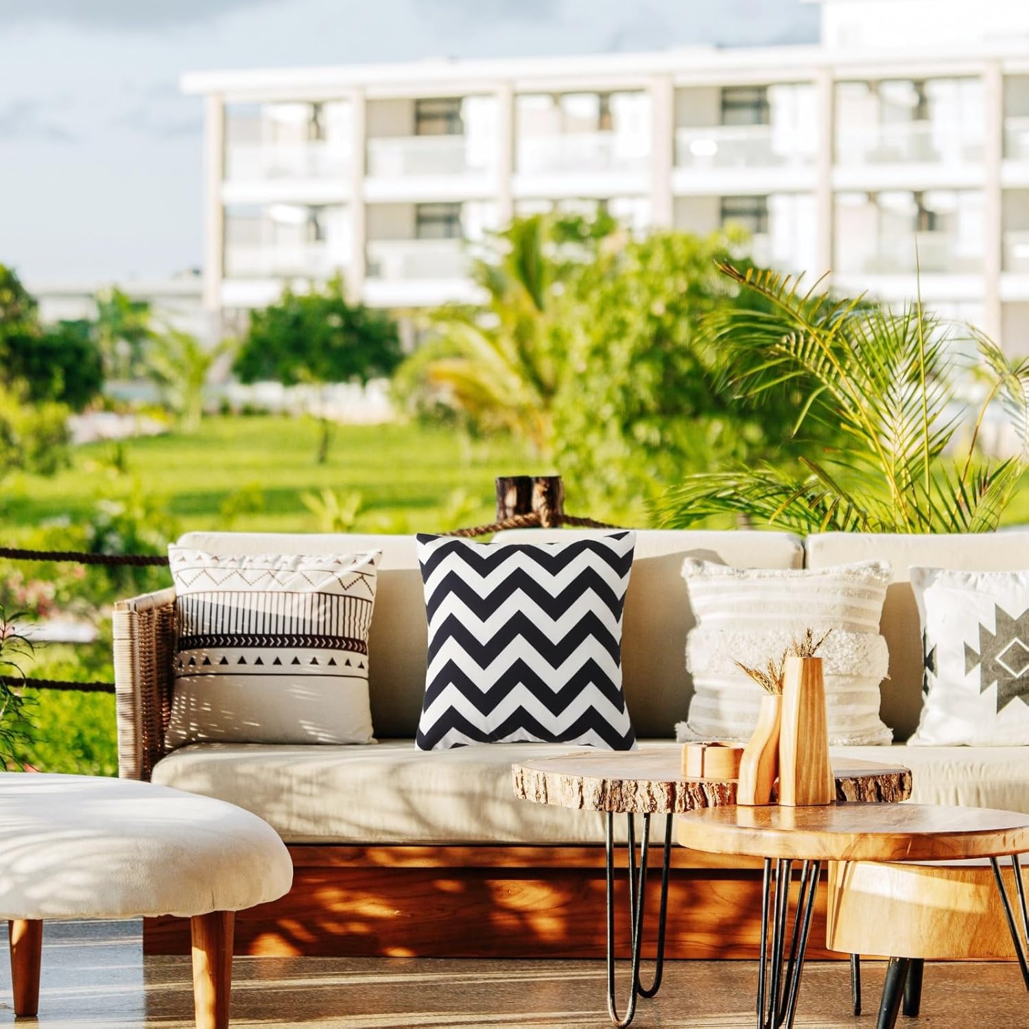18" x 18" Throw Pillows with Inserts, Pack of 2 Outdoor Waterproof Striped Pillow, Square Decorative Pillows for Patio Furniture Garden Couch Sofa Home Black Wavy Stripes