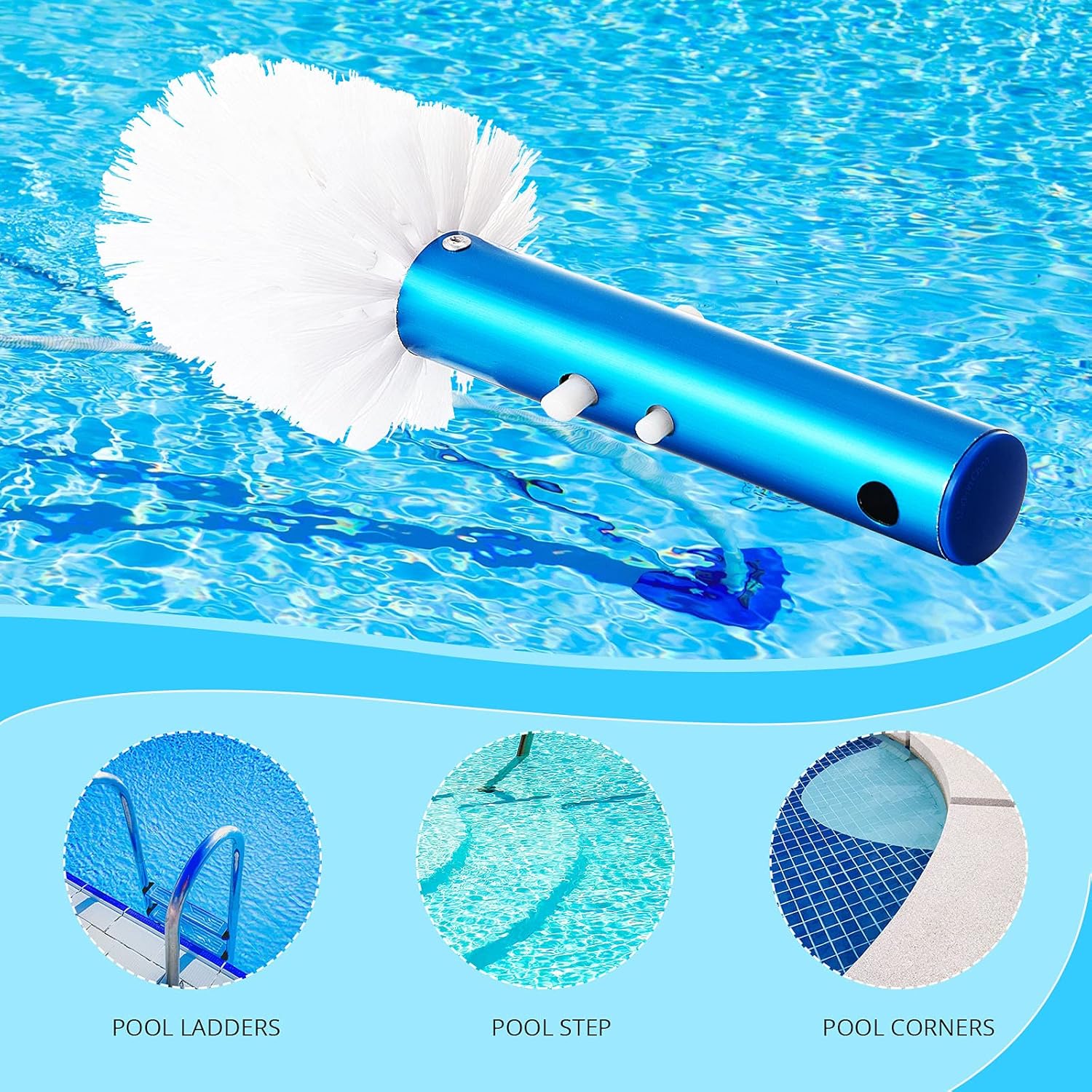 Corner and Step Pool Round Brush, Pool Step and Corner Brush, 180 Degree Rotation Handle Scrub Brush for Inground and Ground Swimming Pool, Spa, Hot Tub, Standard Poles Connection 1 Piece