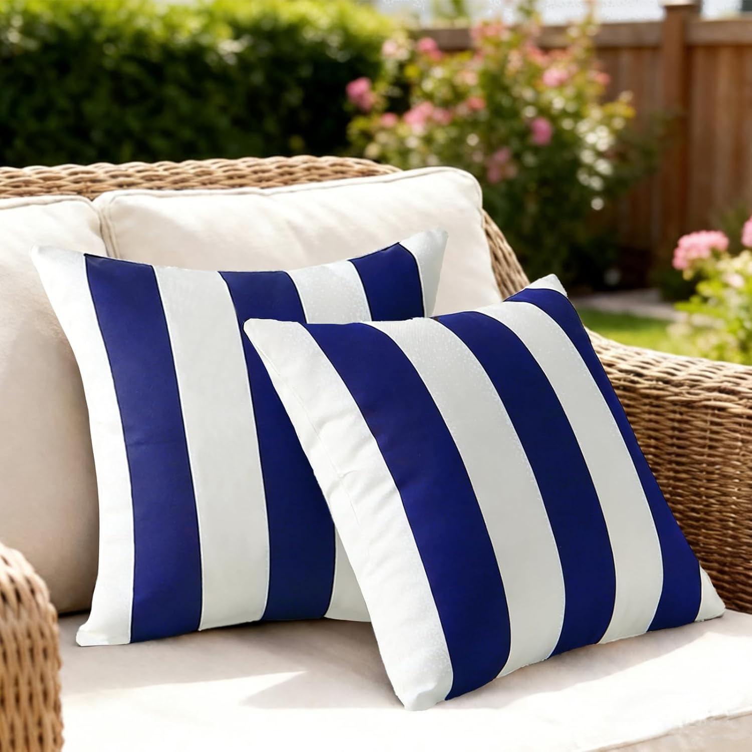 18" x 18" Throw Pillows with Inserts, Pack of 2 Outdoor Waterproof Striped Pillow, Square Decorative Pillows for Patio Furniture Garden Couch Sofa Home Blue Vertical Stripes