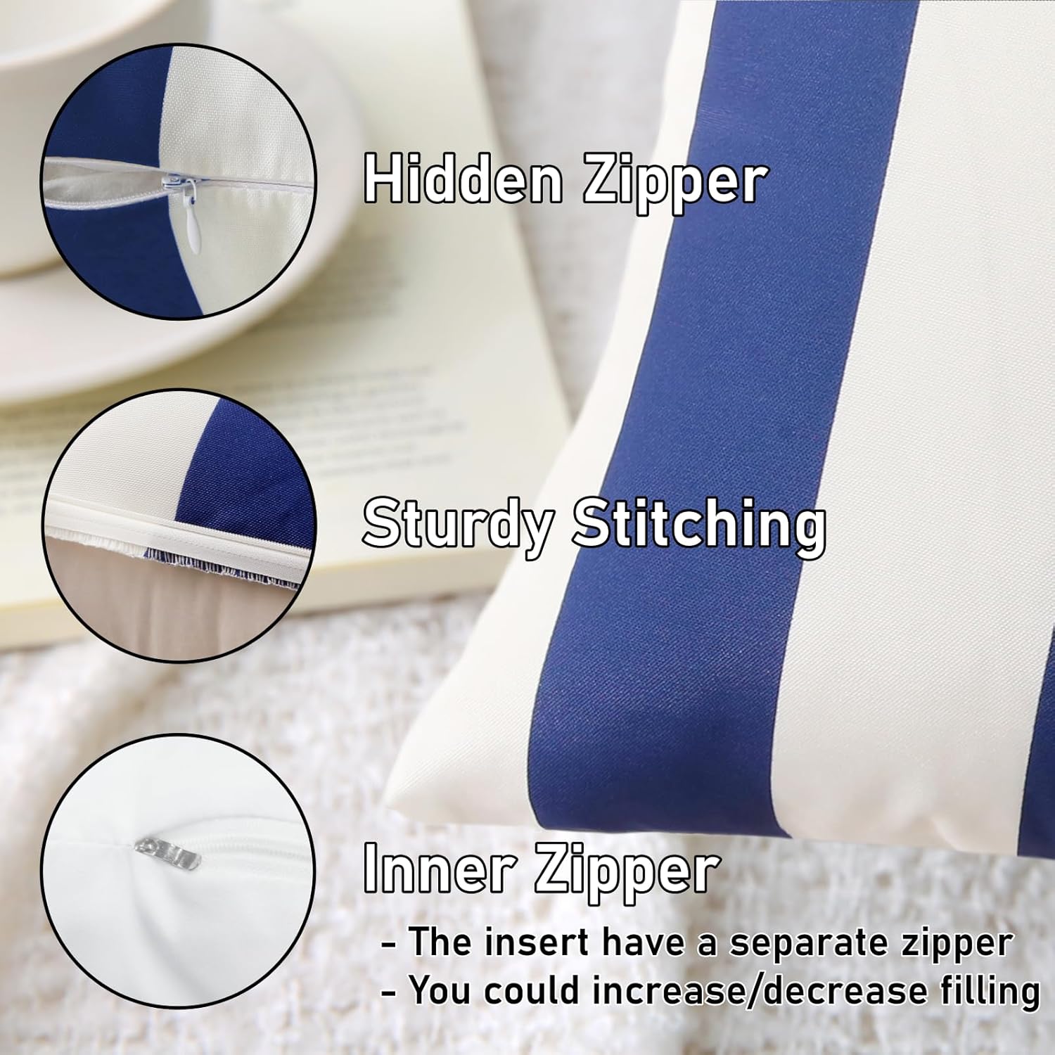 18" x 18" Throw Pillows with Inserts, Pack of 2 Outdoor Waterproof Striped Pillow, Square Decorative Pillows for Patio Furniture Garden Couch Sofa Home Blue Vertical Stripes