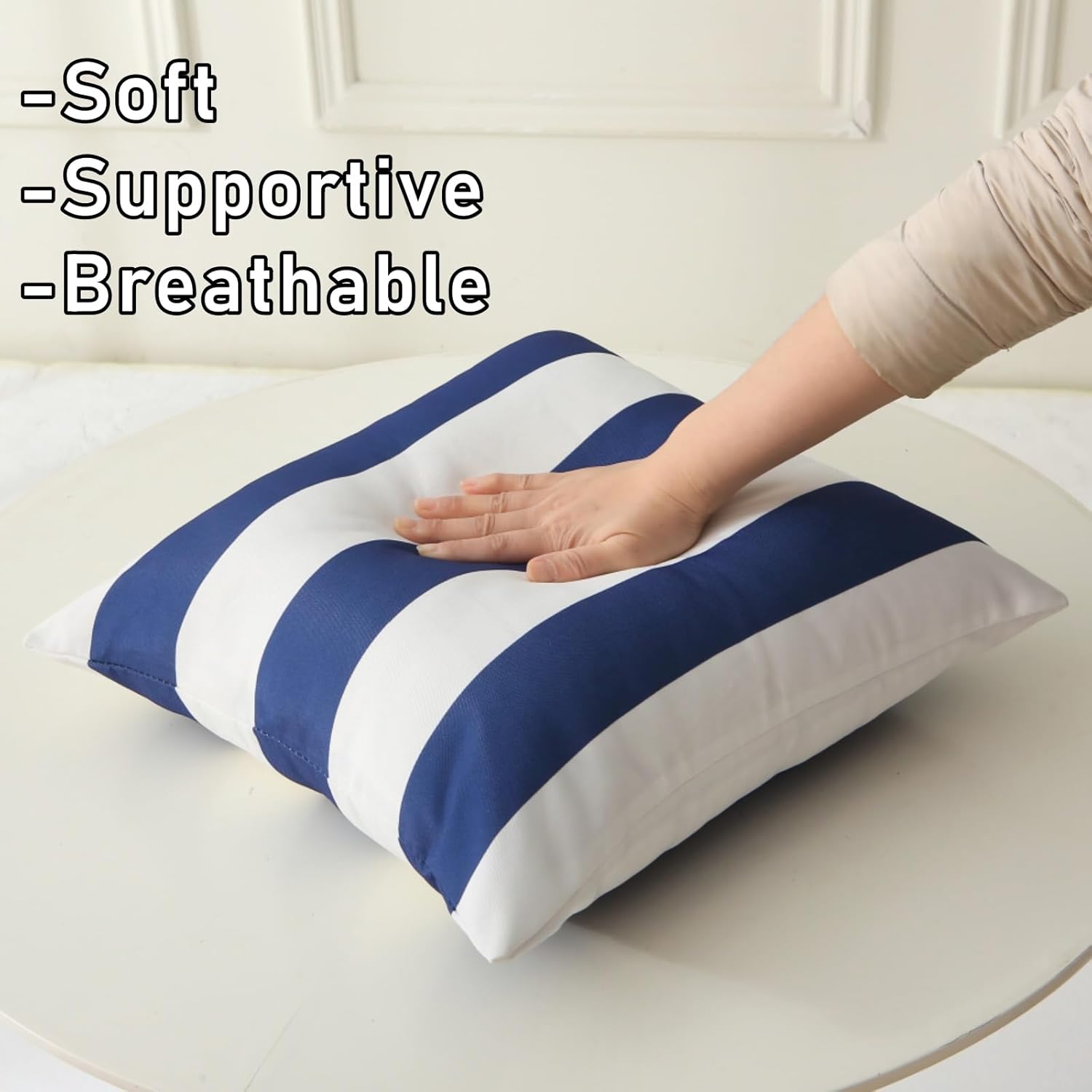 18" x 18" Throw Pillows with Inserts, Pack of 2 Outdoor Waterproof Striped Pillow, Square Decorative Pillows for Patio Furniture Garden Couch Sofa Home Blue Vertical Stripes