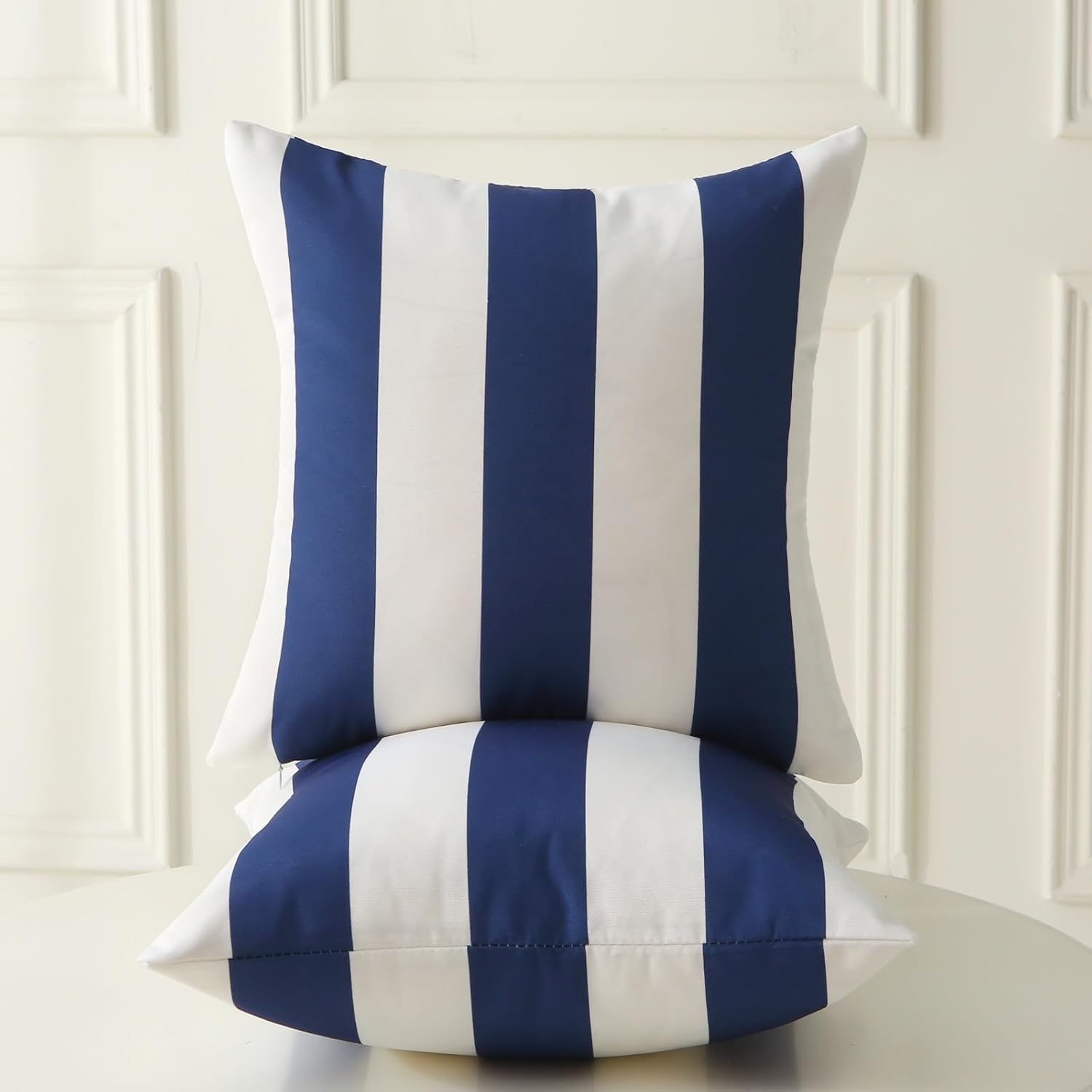 18" x 18" Throw Pillows with Inserts, Pack of 2 Outdoor Waterproof Striped Pillow, Square Decorative Pillows for Patio Furniture Garden Couch Sofa Home Blue Vertical Stripes
