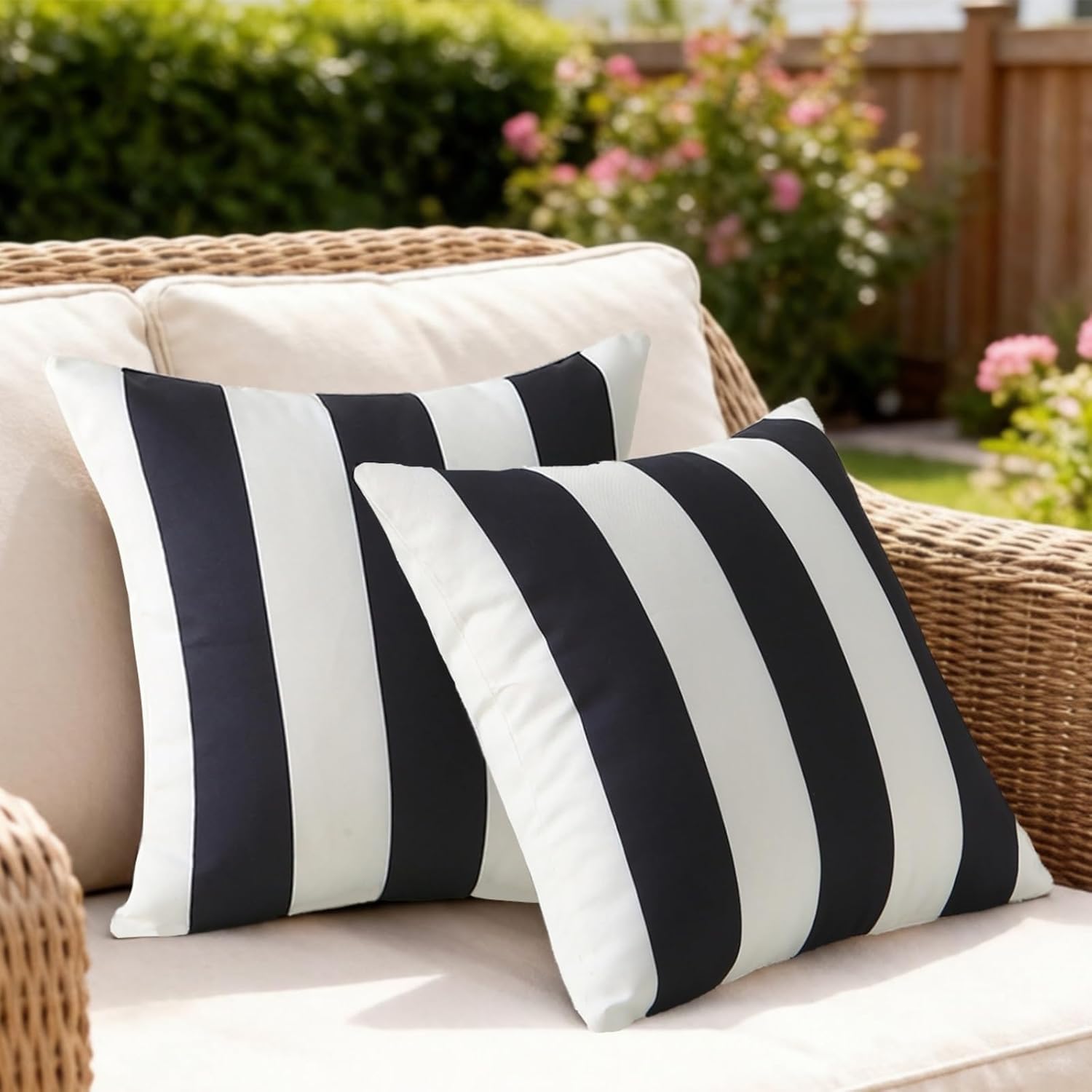18" x 18" Throw Pillows with Inserts, Pack of 2 Outdoor Waterproof Striped Pillow, Square Decorative Pillows for Patio Furniture Garden Couch Sofa Home Black Vertical Stripes
