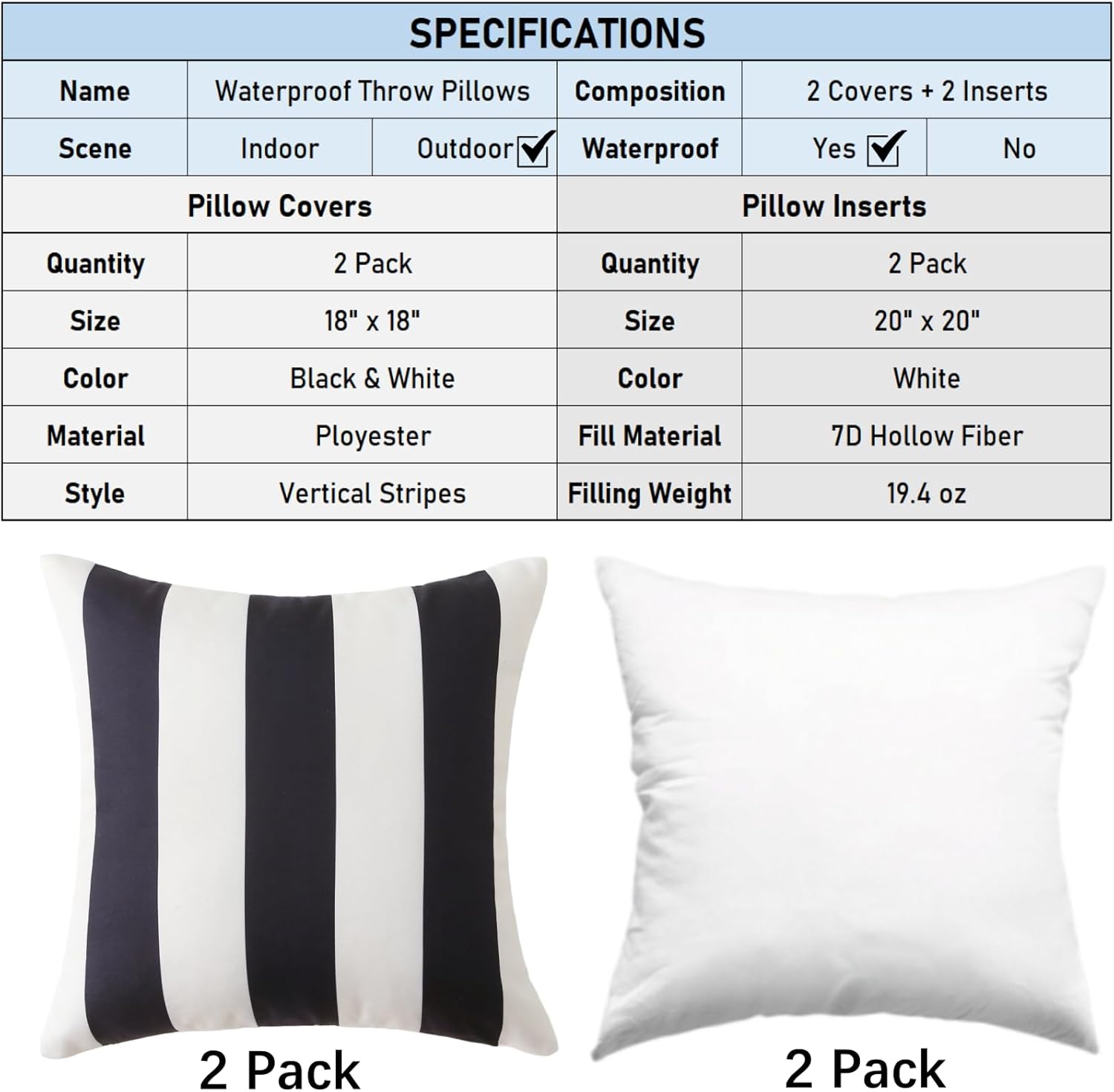 18" x 18" Throw Pillows with Inserts, Pack of 2 Outdoor Waterproof Striped Pillow, Square Decorative Pillows for Patio Furniture Garden Couch Sofa Home Black Vertical Stripes
