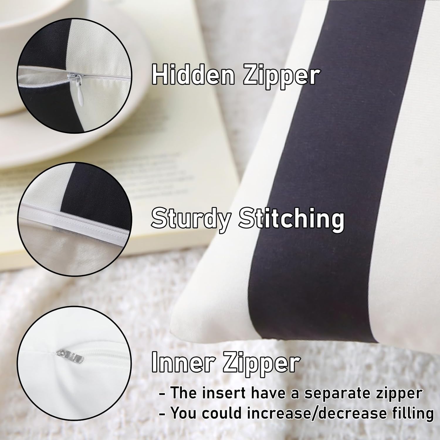 18" x 18" Throw Pillows with Inserts, Pack of 2 Outdoor Waterproof Striped Pillow, Square Decorative Pillows for Patio Furniture Garden Couch Sofa Home Black Vertical Stripes