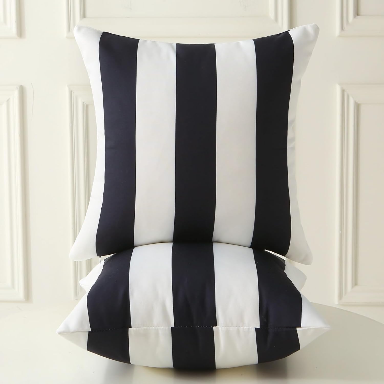 18" x 18" Throw Pillows with Inserts, Pack of 2 Outdoor Waterproof Striped Pillow, Square Decorative Pillows for Patio Furniture Garden Couch Sofa Home Black Vertical Stripes