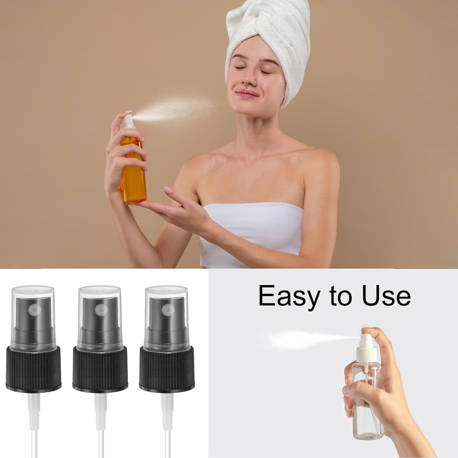 50 Pcs Black Spray Top, 20/410 Fine Mist Sprayer Reusable Replacement Spray Bottle Pump Plastic Top for Cosmetic Perfume and Body Sprays Bottle
