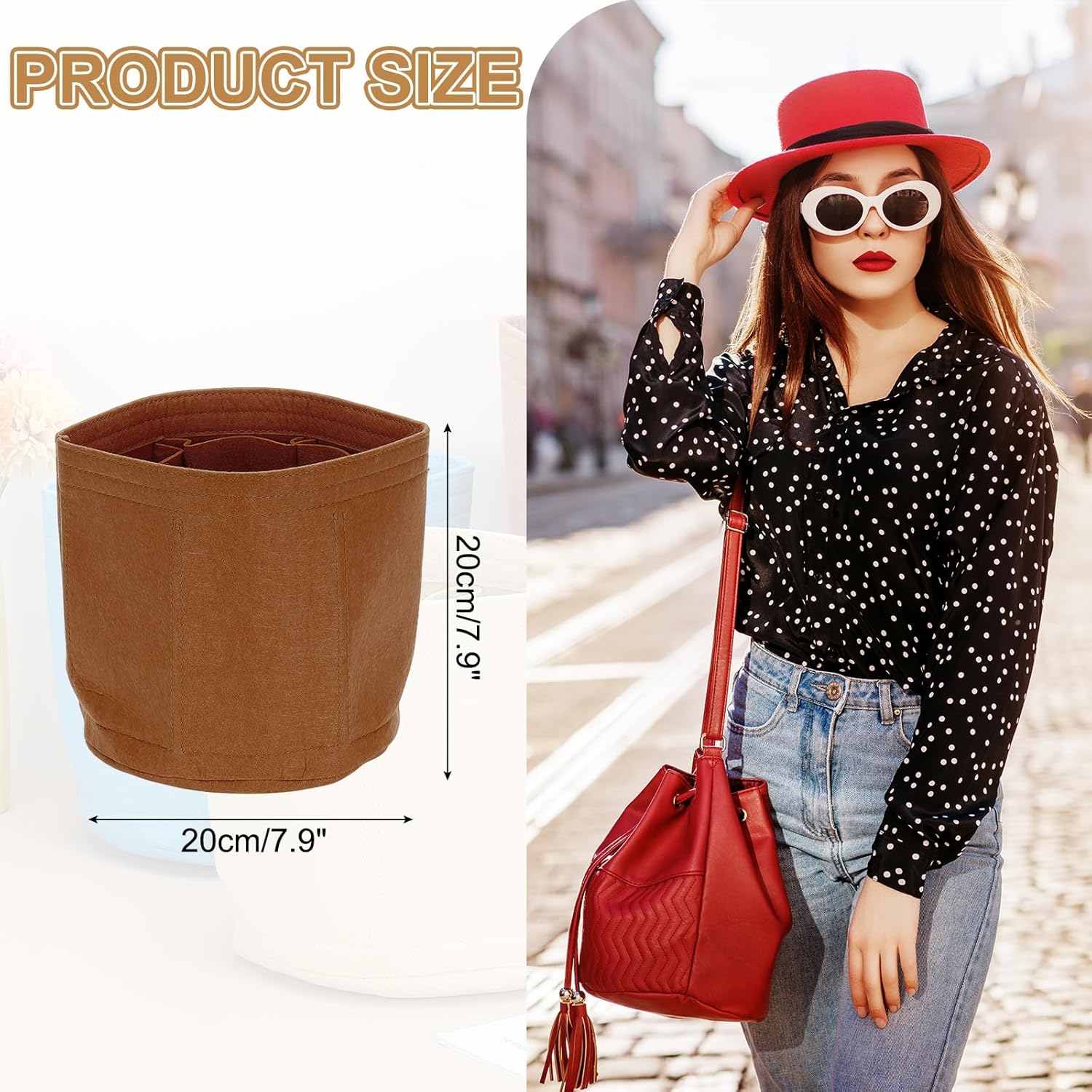 Purse Organizer Insert, 8" x 8" Portable Felt Organizer Bags Round Multiple Compartments Purse Liner for Bucket Bag, Domed Satchel, Tote Bag, Handbag Shaper, Camel
