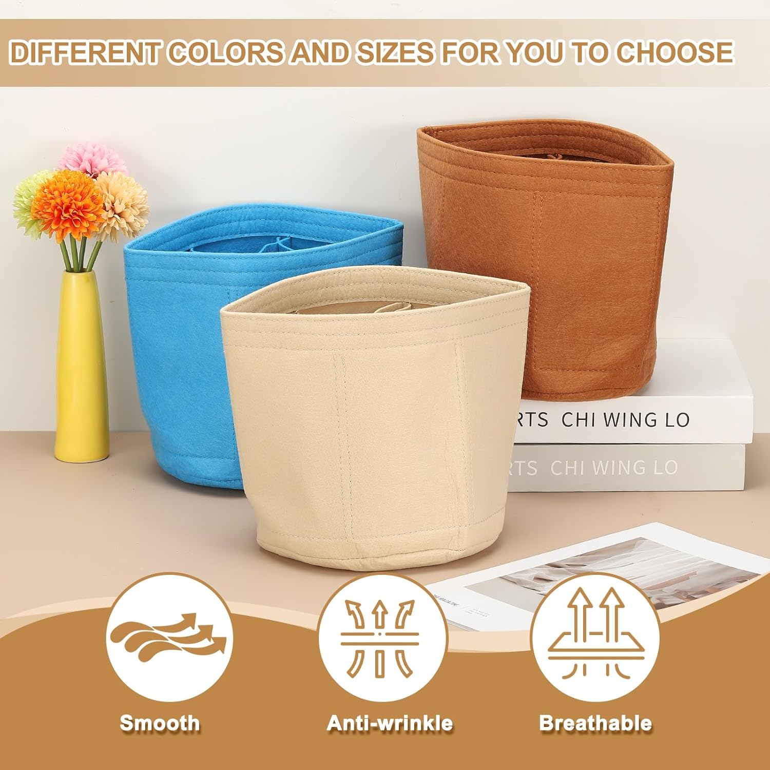 Purse Organizer Insert, 8" x 8" Portable Felt Organizer Bags Round Multiple Compartments Purse Liner for Bucket Bag, Domed Satchel, Tote Bag, Handbag Shaper, Camel