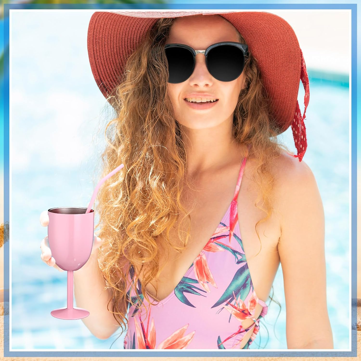2 Pack Insulated Wine Glass 10 oz Stainless Steel Margarita Tumbler with Lid and Straw Vacuum Sealed Mug Wine Cup Gift for Women Men Christmas Birthday Pink,Typical