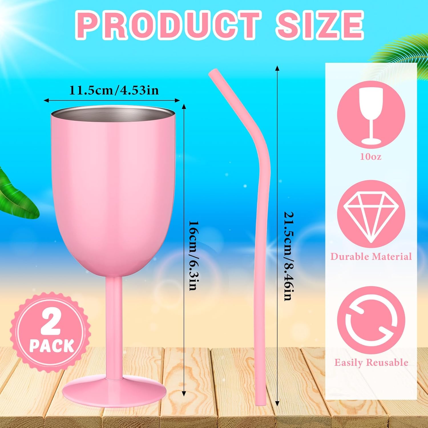 2 Pack Insulated Wine Glass 10 oz Stainless Steel Margarita Tumbler with Lid and Straw Vacuum Sealed Mug Wine Cup Gift for Women Men Christmas Birthday Pink,Typical