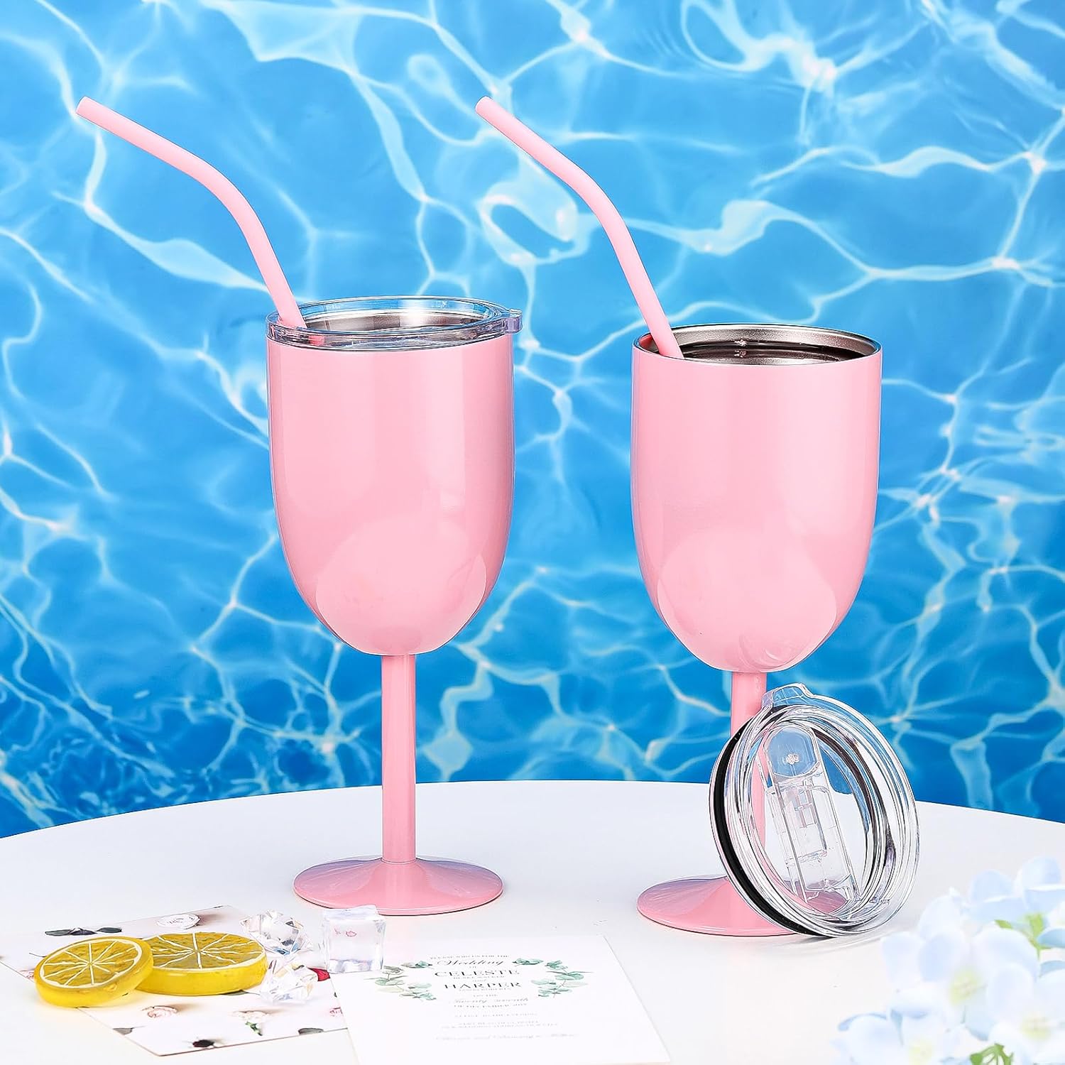 2 Pack Insulated Wine Glass 10 oz Stainless Steel Margarita Tumbler with Lid and Straw Vacuum Sealed Mug Wine Cup Gift for Women Men Christmas Birthday Pink,Typical