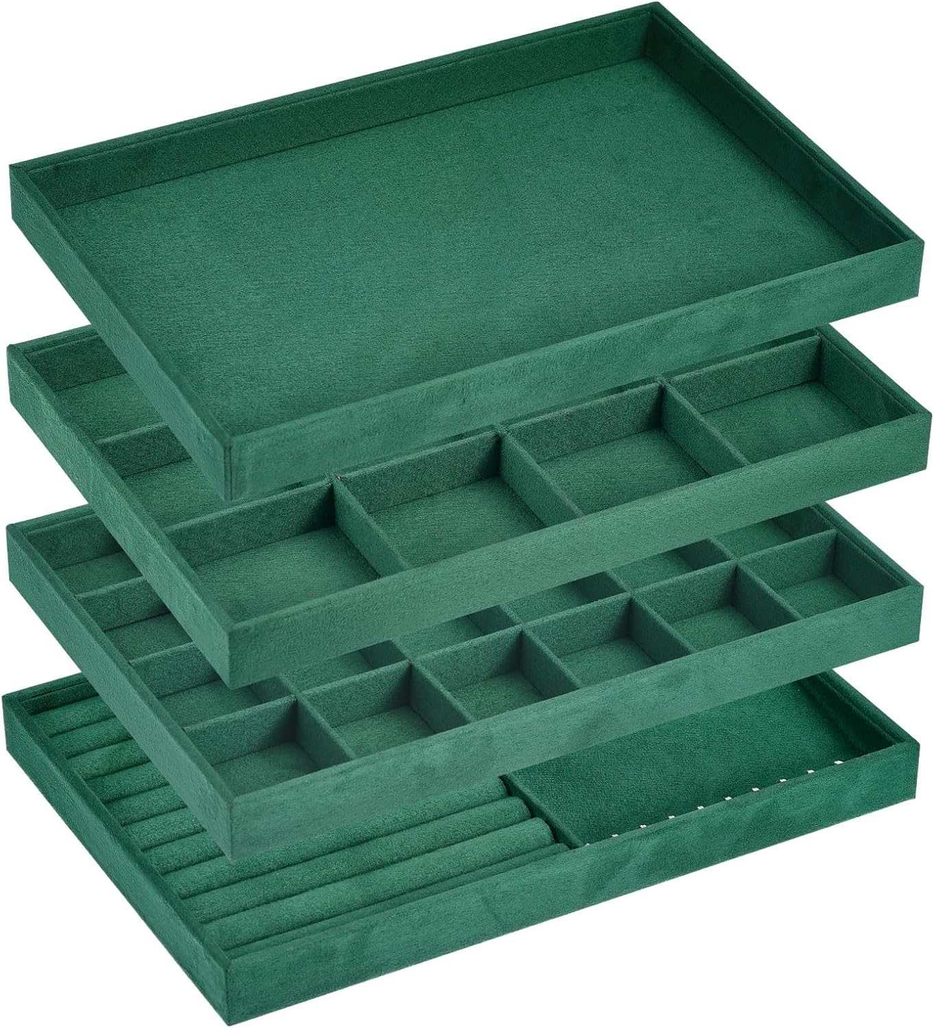 Jewelry Tray, 4 Set of Stackable Jewelry Display Tray, Velvet Jewelry Organizer, Storage Box for Ring Earring Necklace Bracelet Dark Green