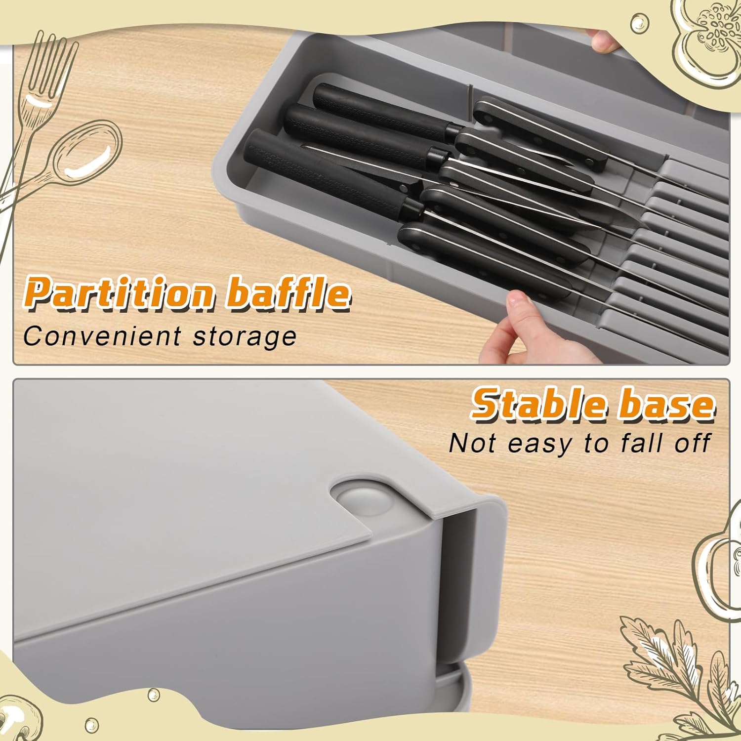 2 Pcs Knife & Silverware Drawer Organizer Holds 9 Knives with Flatware Tray Drawer Store Compact Utensil Organizer For Kitchen Silverware